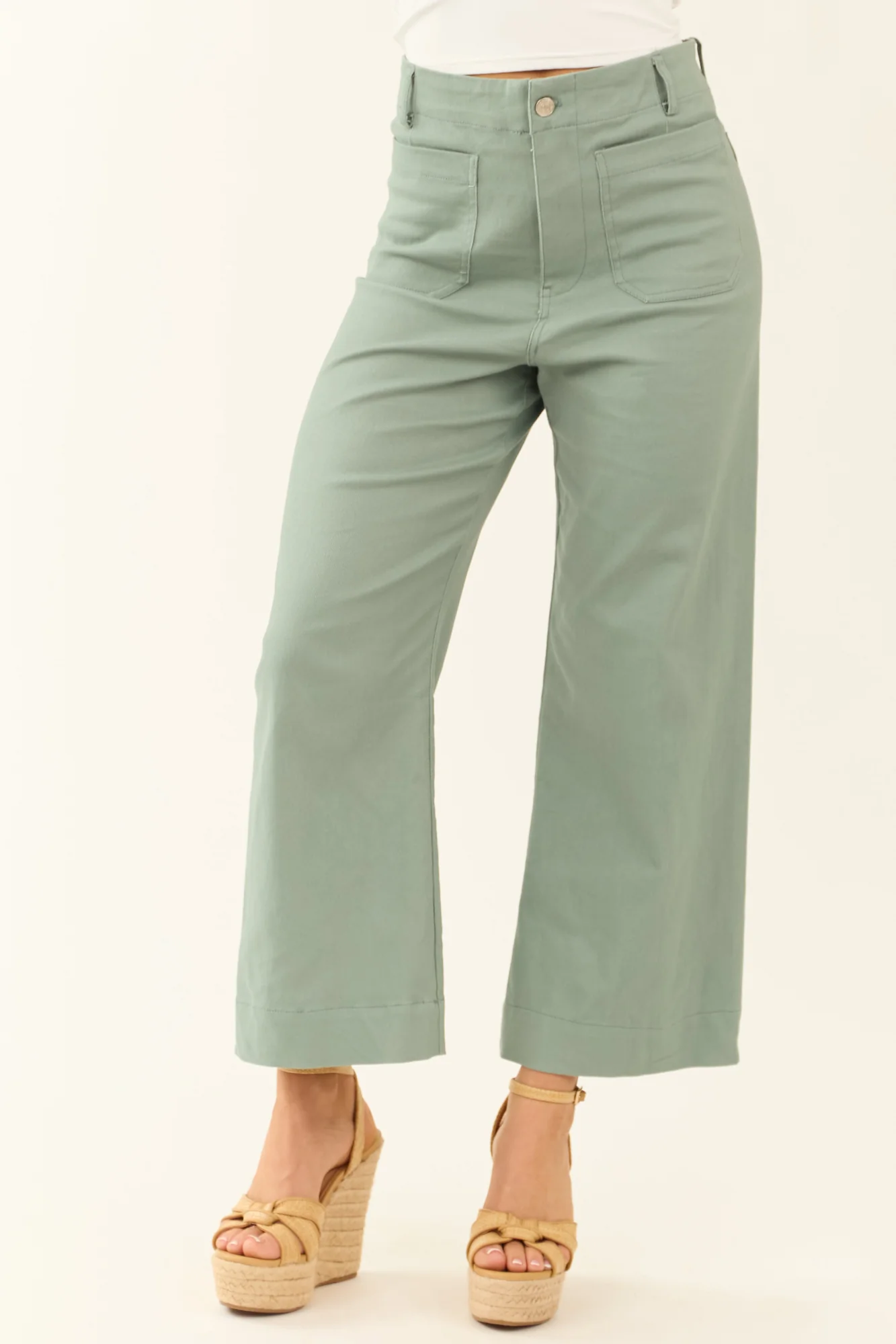 Green Wide Leg Cropped Cotton Denim Jeans