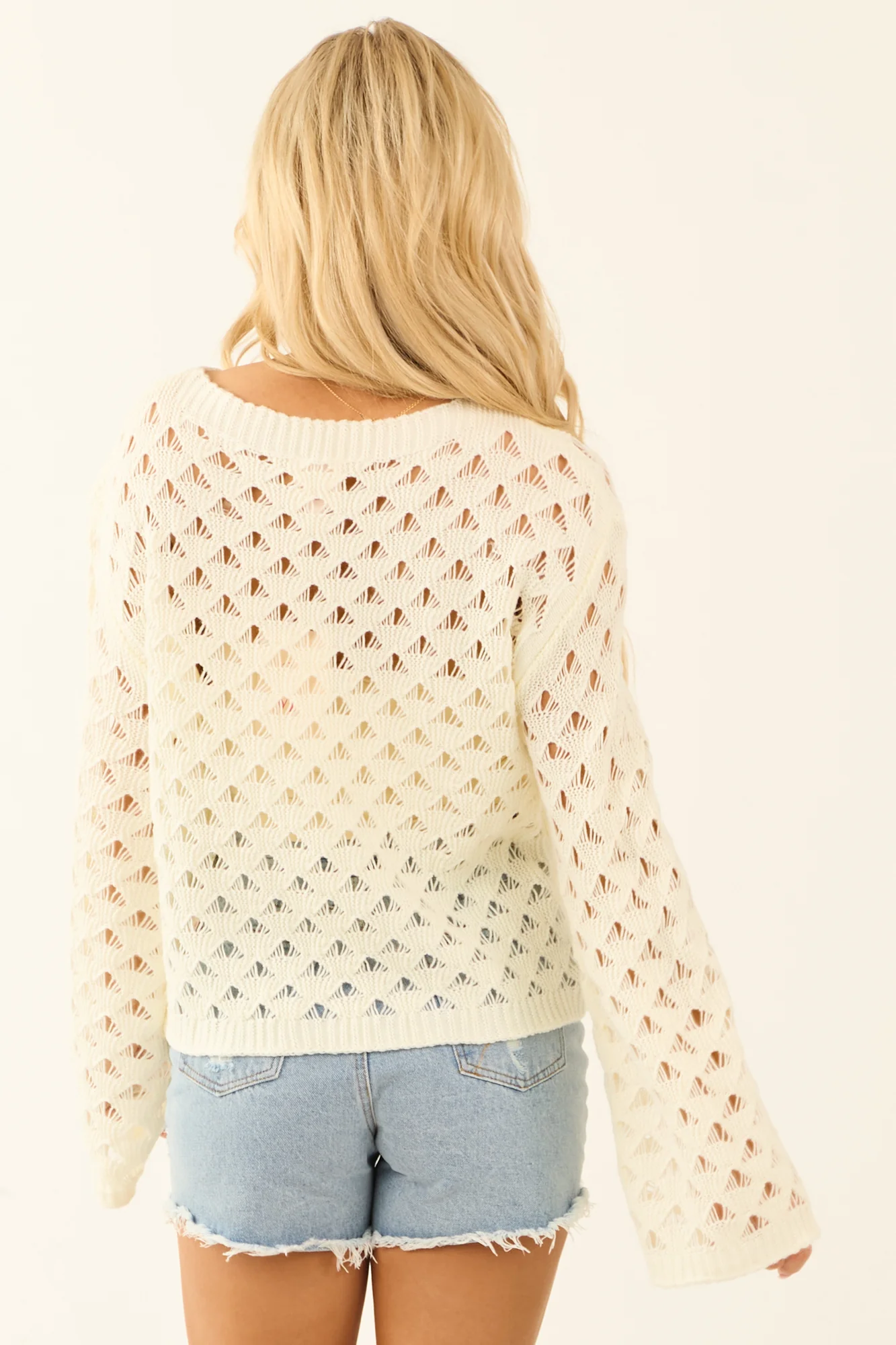 Cream Geometric Open Knit Sweater - Lightweight Stylish Top