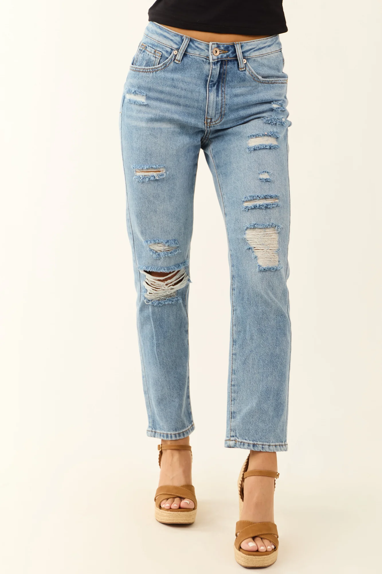 Medium Wash Distressed Relaxed Straight Denim Jeans