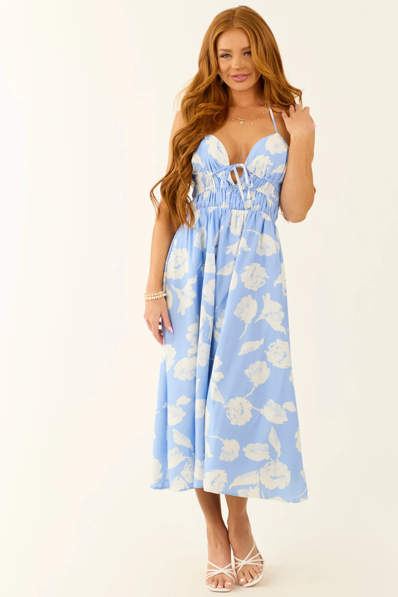 Cornflower Sweetheart Halter Ruched Midi Dress