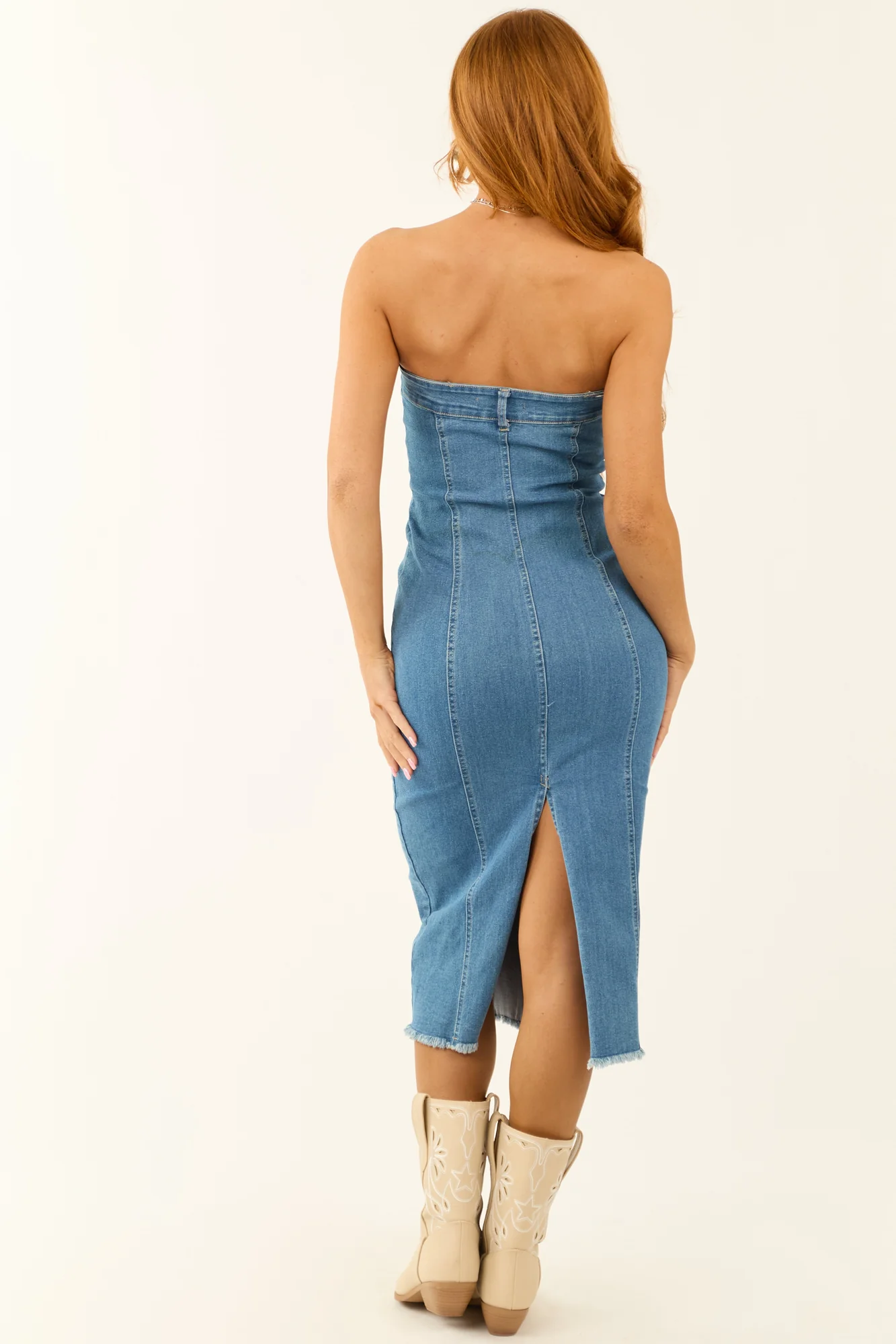 Blue Denim Strapless Midi Bodycon Dress