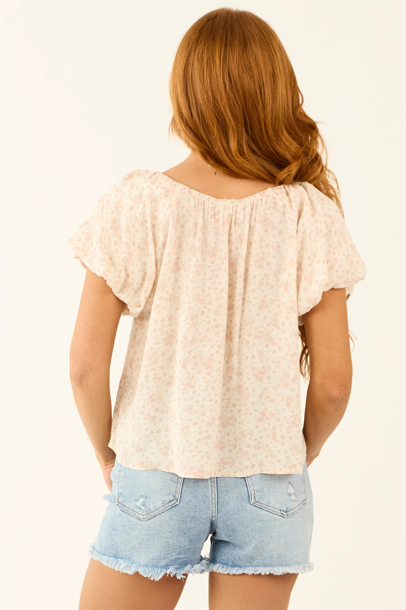 Ditsy Floral Print Flowy Top - Cherry Blossom & Vanilla, Scoop Neck