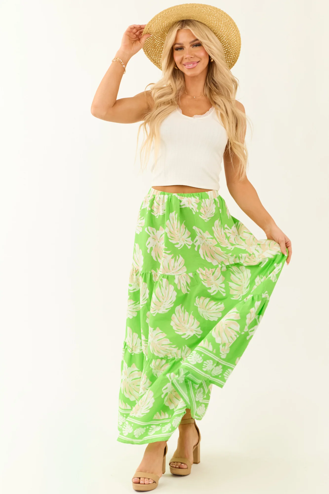 Tropical Print Maxi Cotton Skirt - Lime Ivory Taupe Tiered