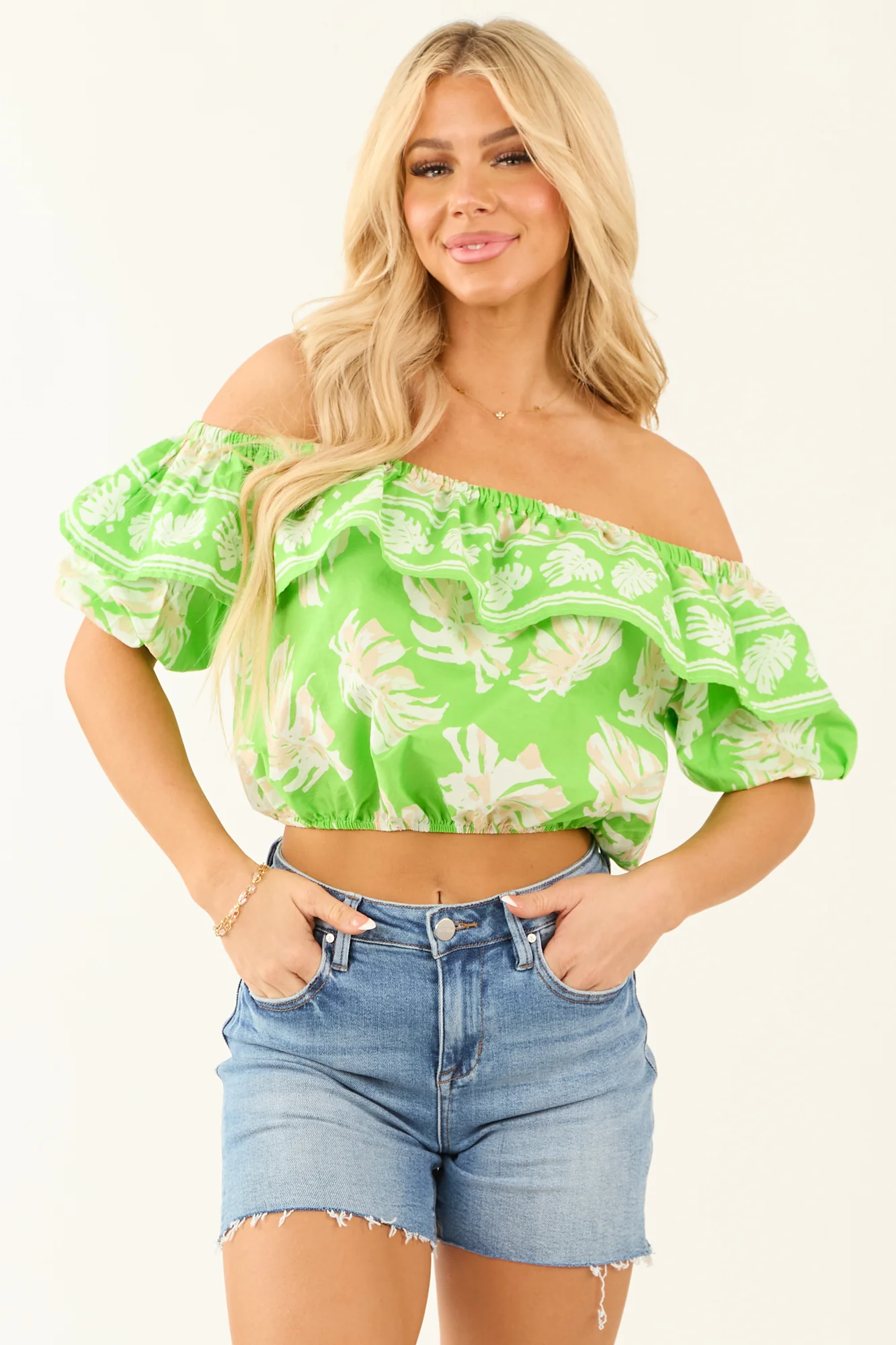 Kiwi Tropical Print Cropped Top Sleeved - Lime Ivory Taupe