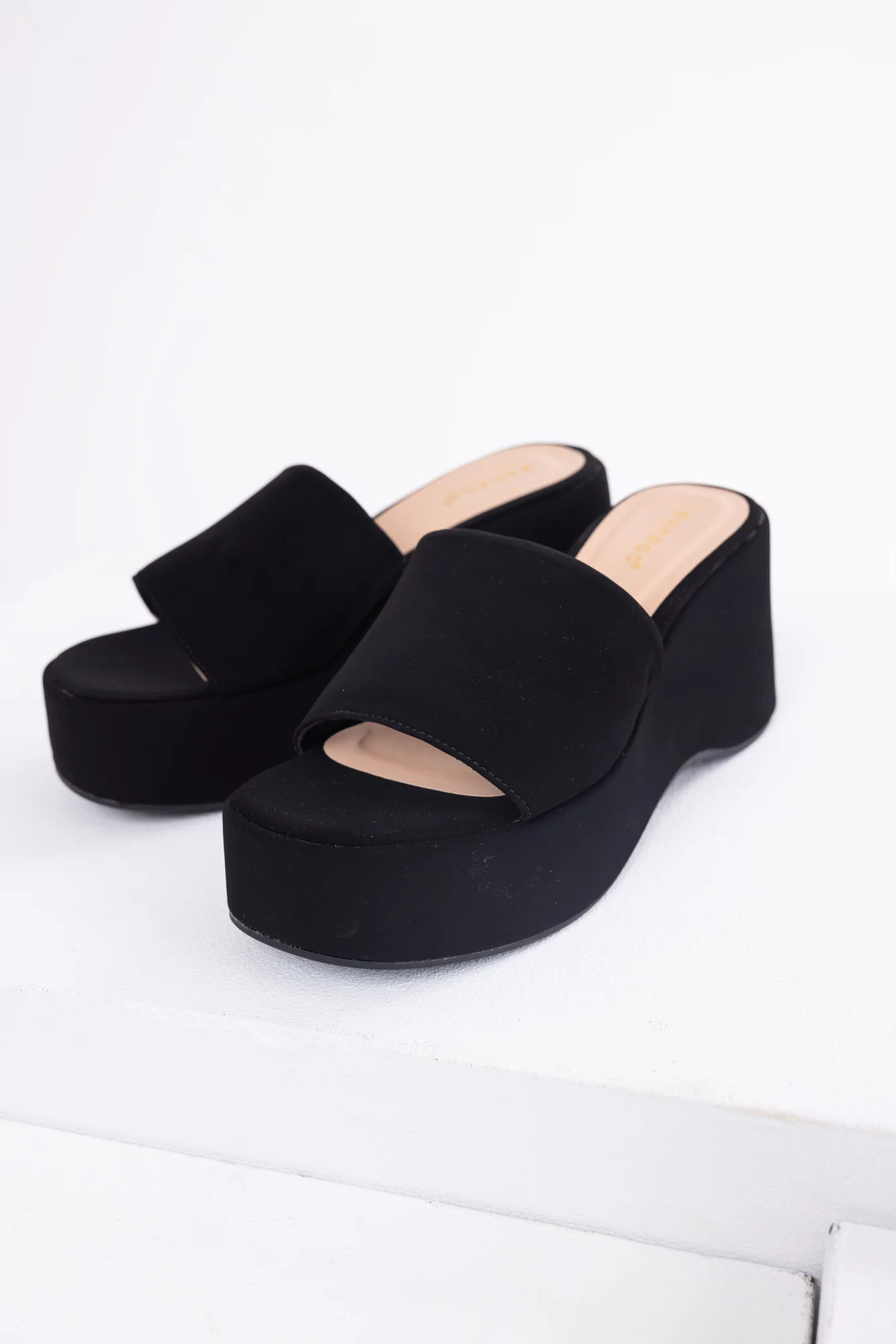Womens Black Suede Platform Wedge Sandals