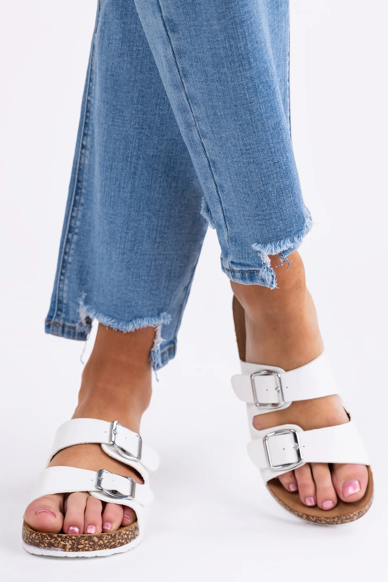 Ivory Suede Double Buckle Slide Sandals