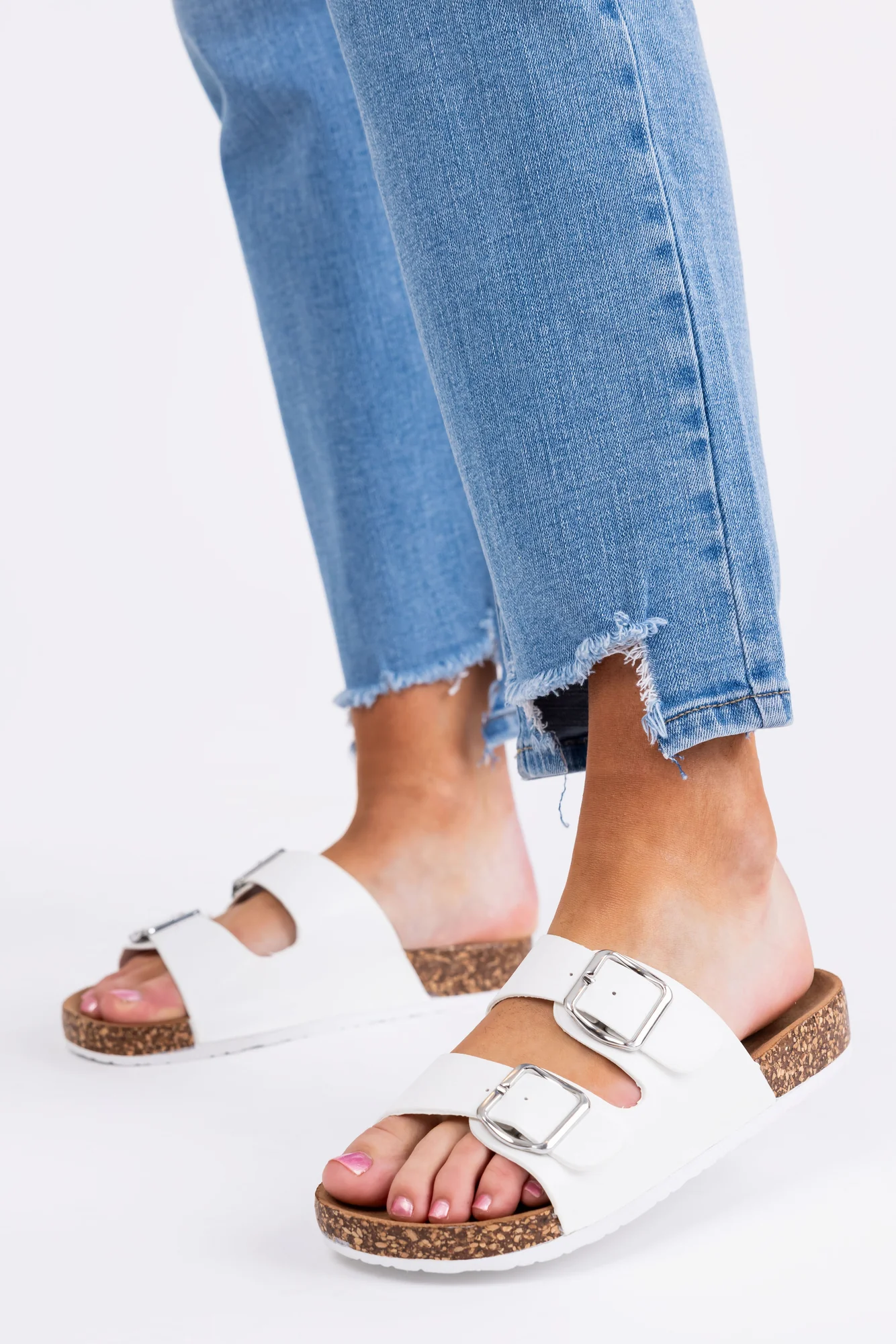Ivory Suede Double Buckle Slide Sandals