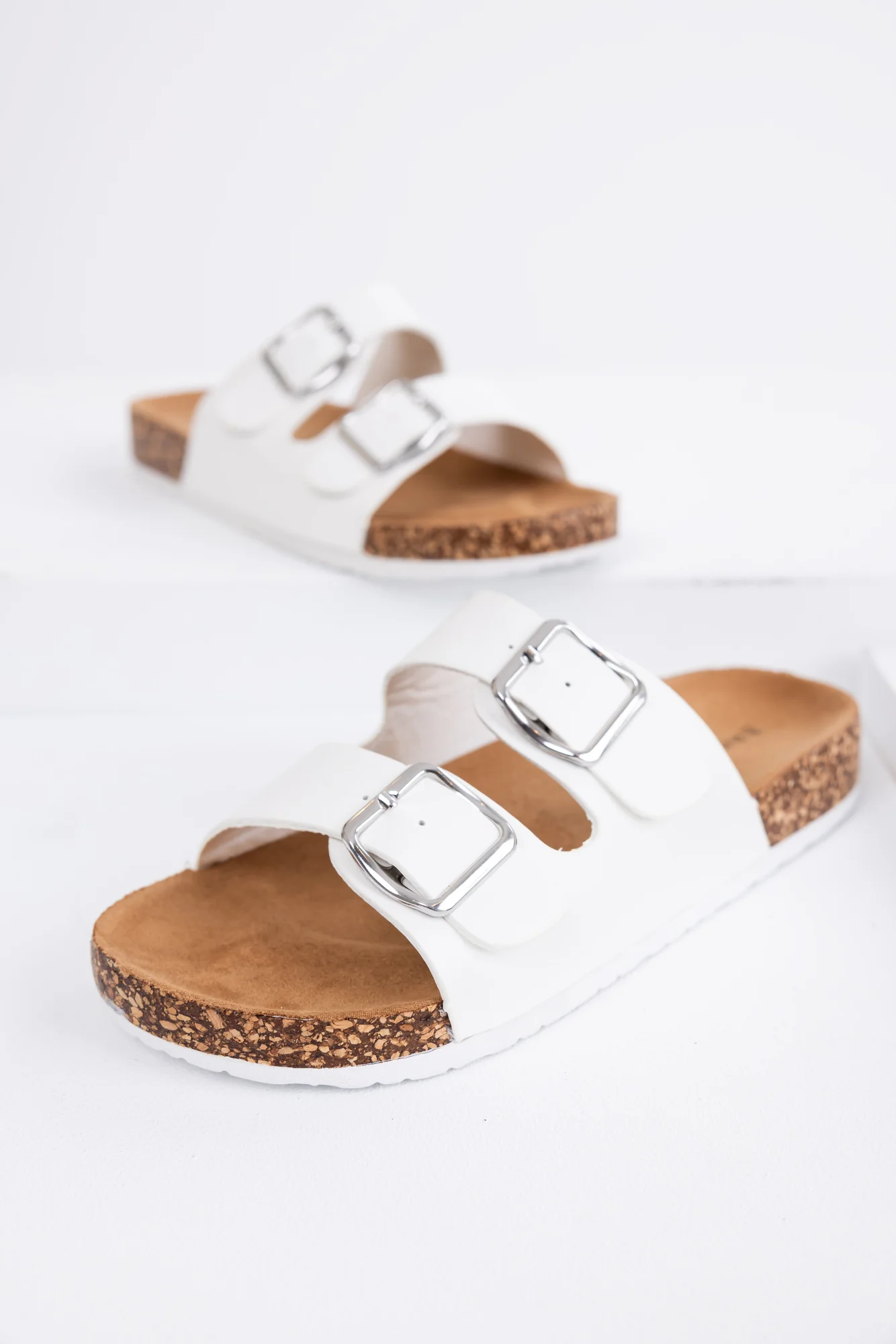 Ivory Suede Double Buckle Slide Sandals
