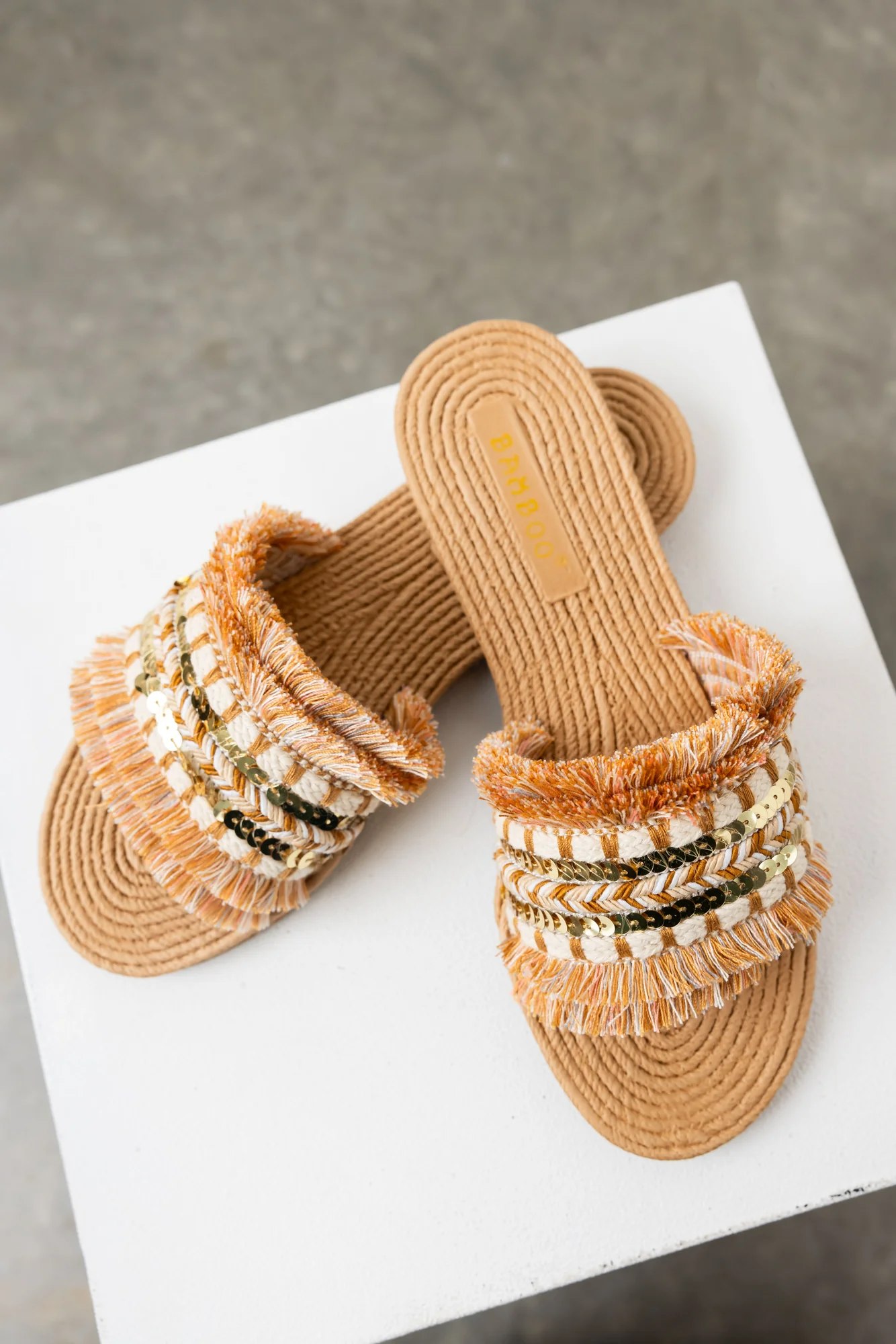 Copper Fringe Slip-On Sandals - Comfort and Style Combined