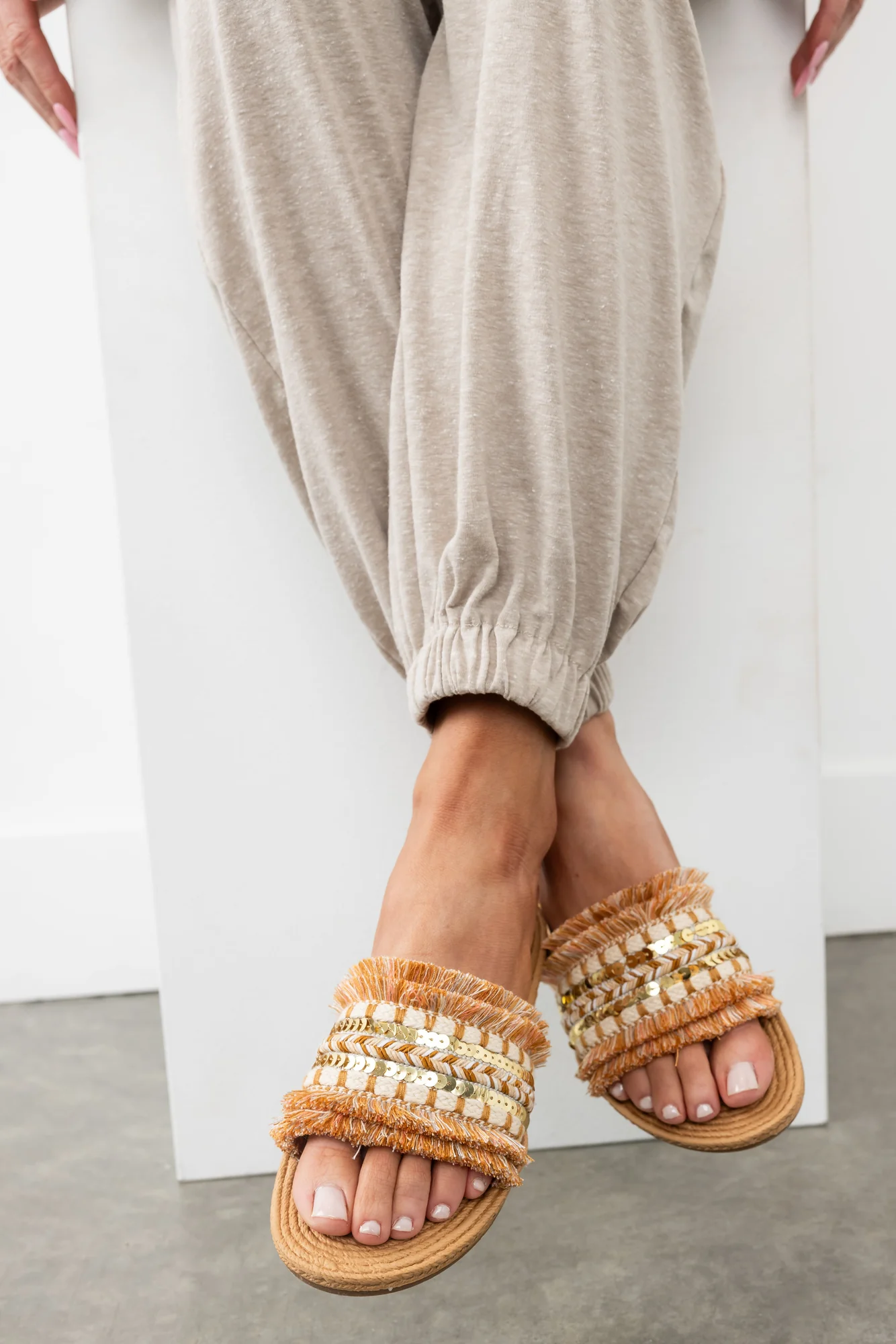 Copper Fringe Slip-On Sandals - Comfort and Style Combined