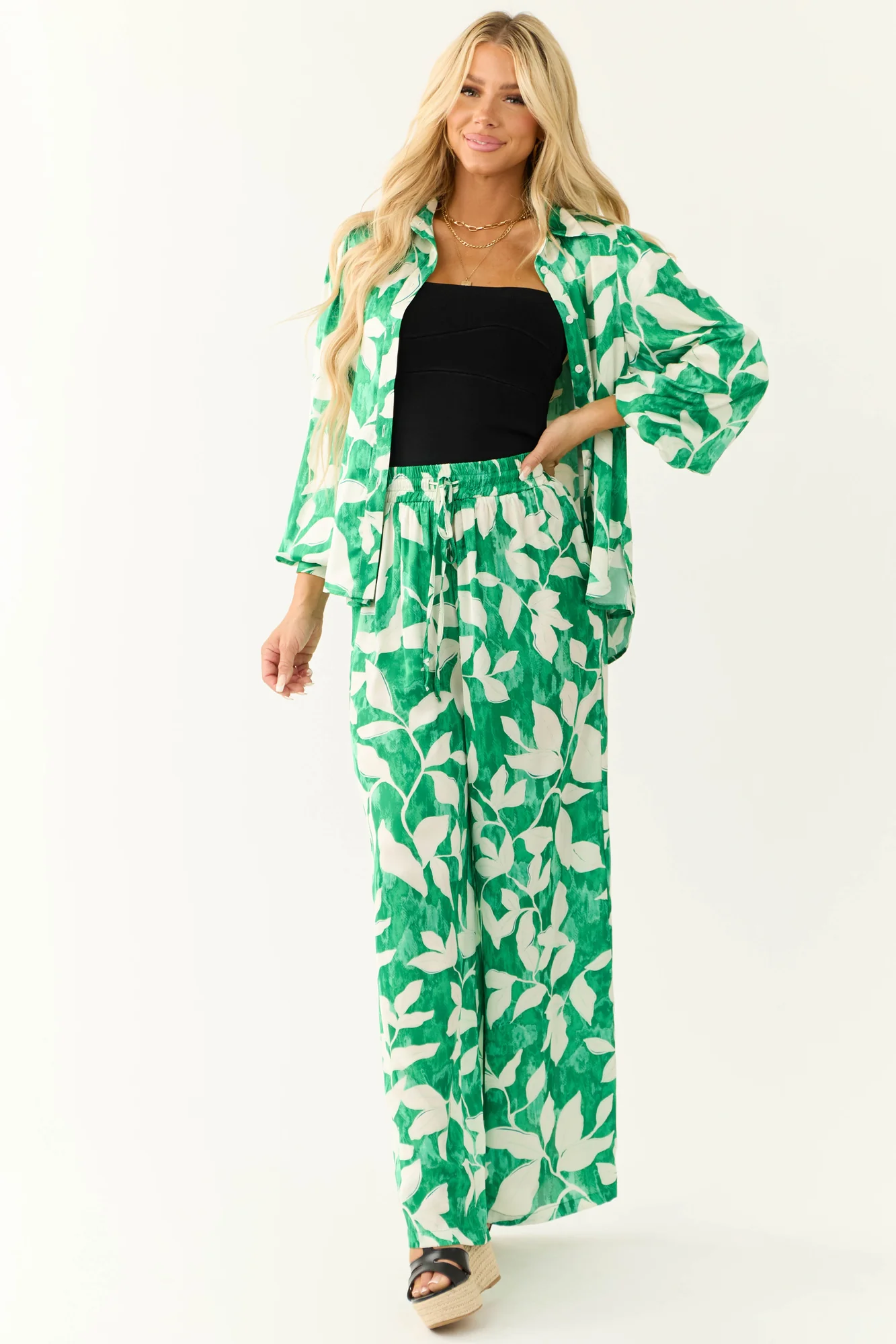 Jade Leaf Print Satin Collared Shirt