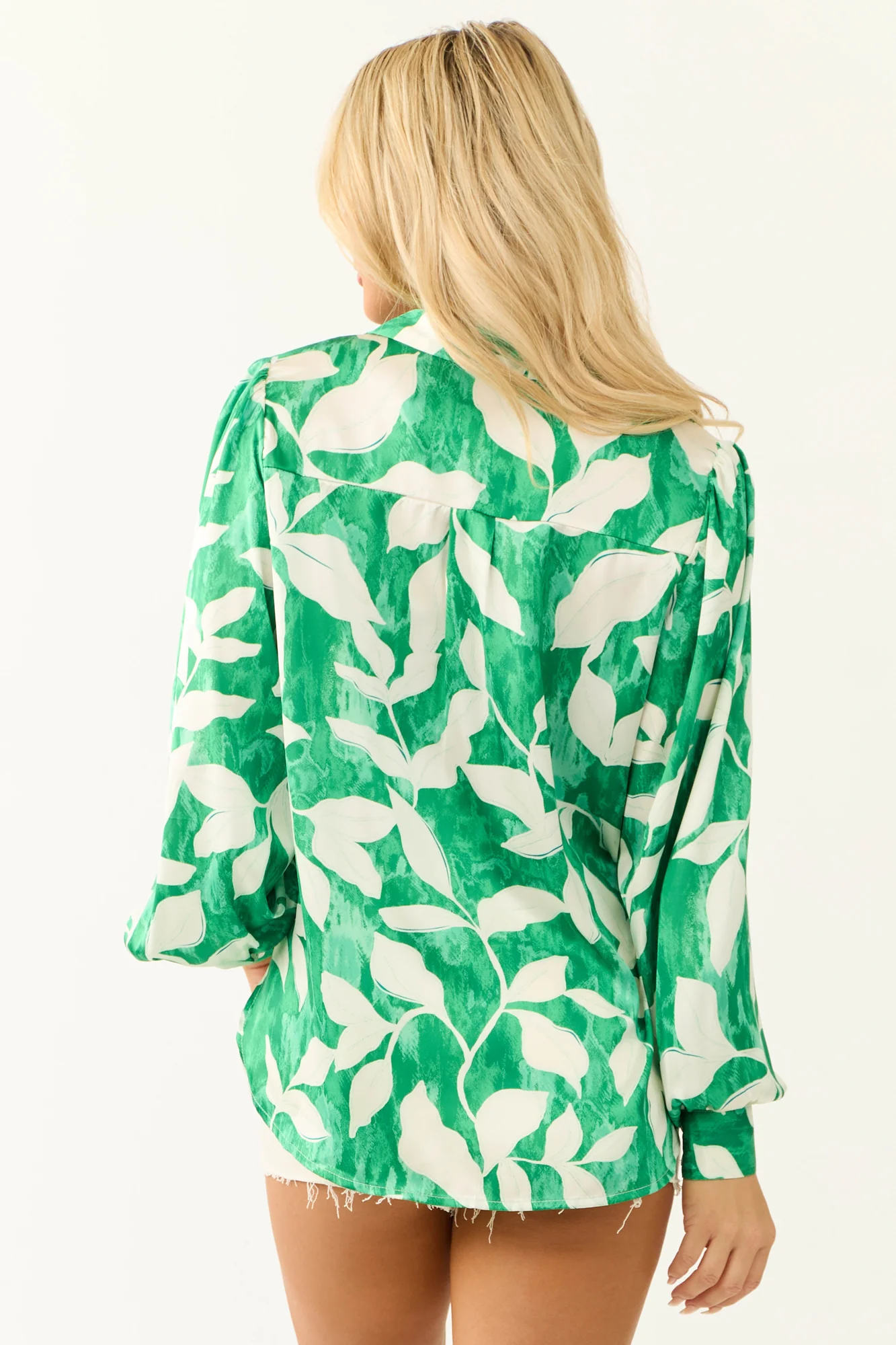 Jade Leaf Print Satin Collared Shirt