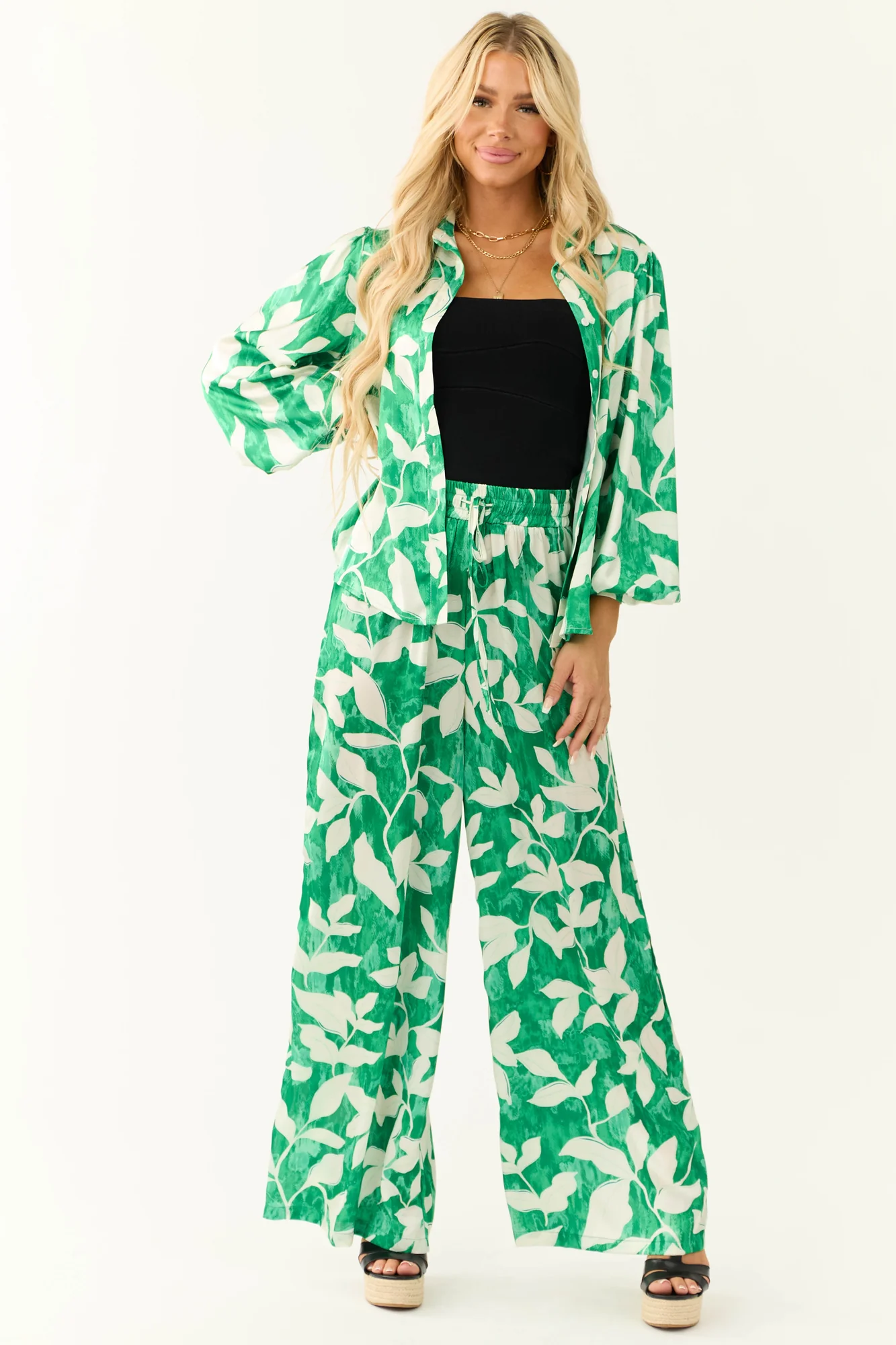 Jade Leaf Print Satin Collared Shirt