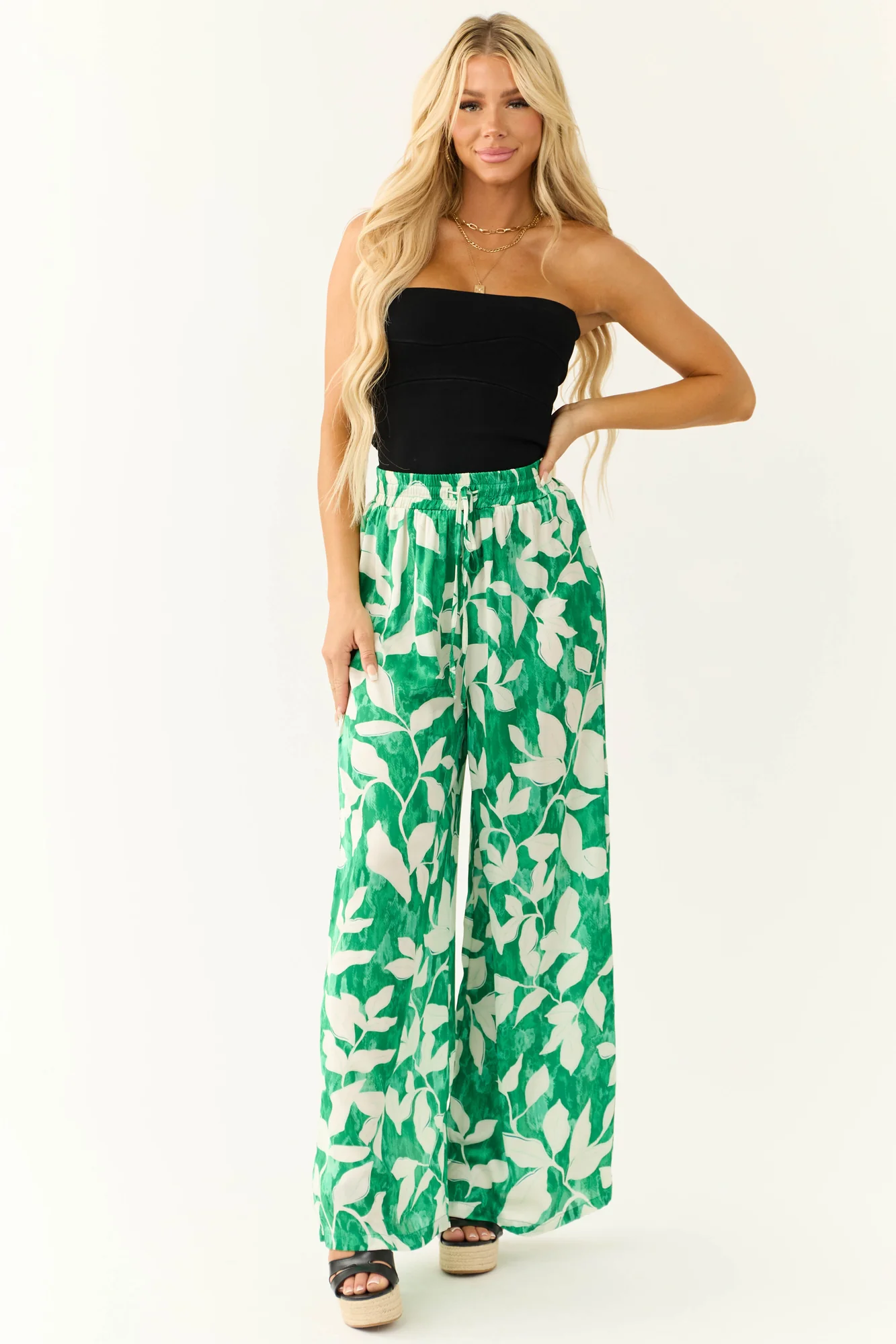 Leaf Print Satin Wide Leg Pants in Jade Green