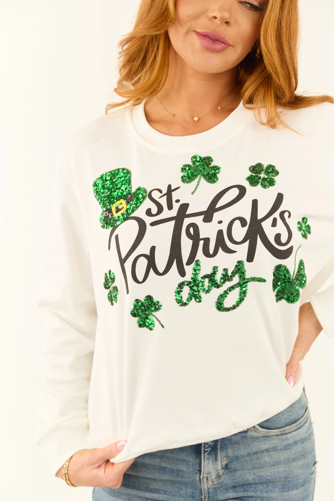 White Sequin Graphic Sweatshirt for St. Patricks Day