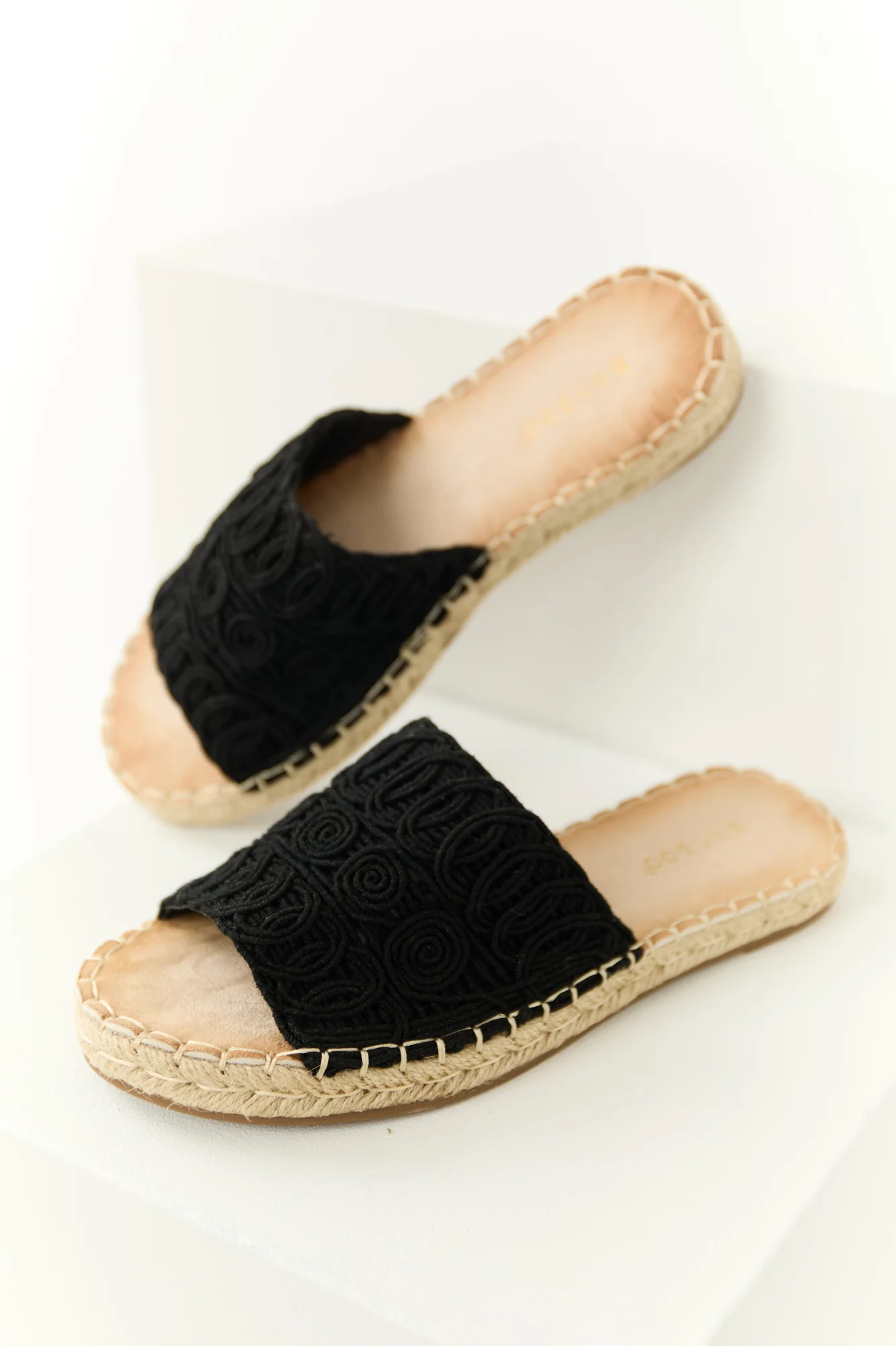 Black Lace Espadrille Slide-On Sandals