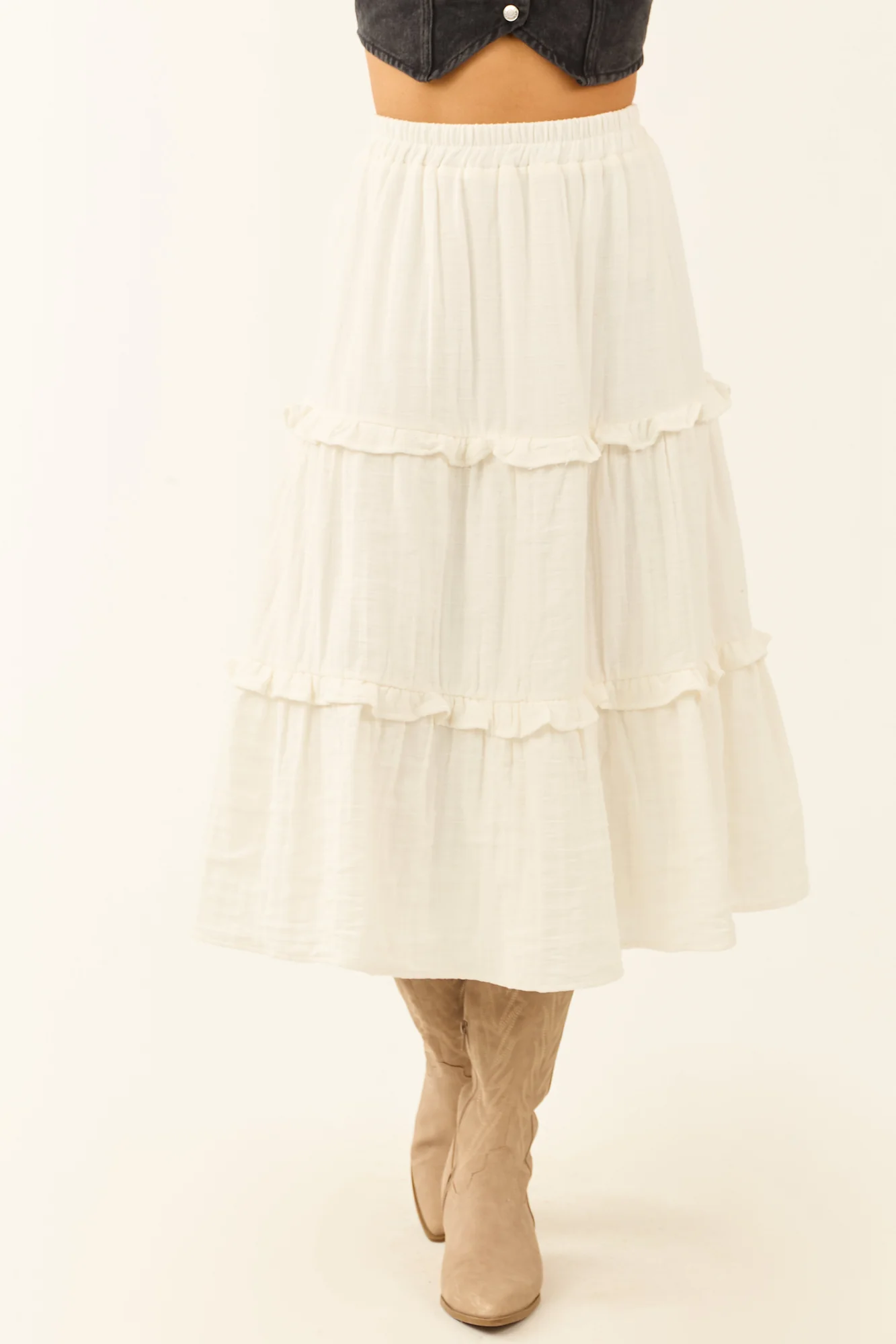 Ivory Cotton Smocked Midi Skirt