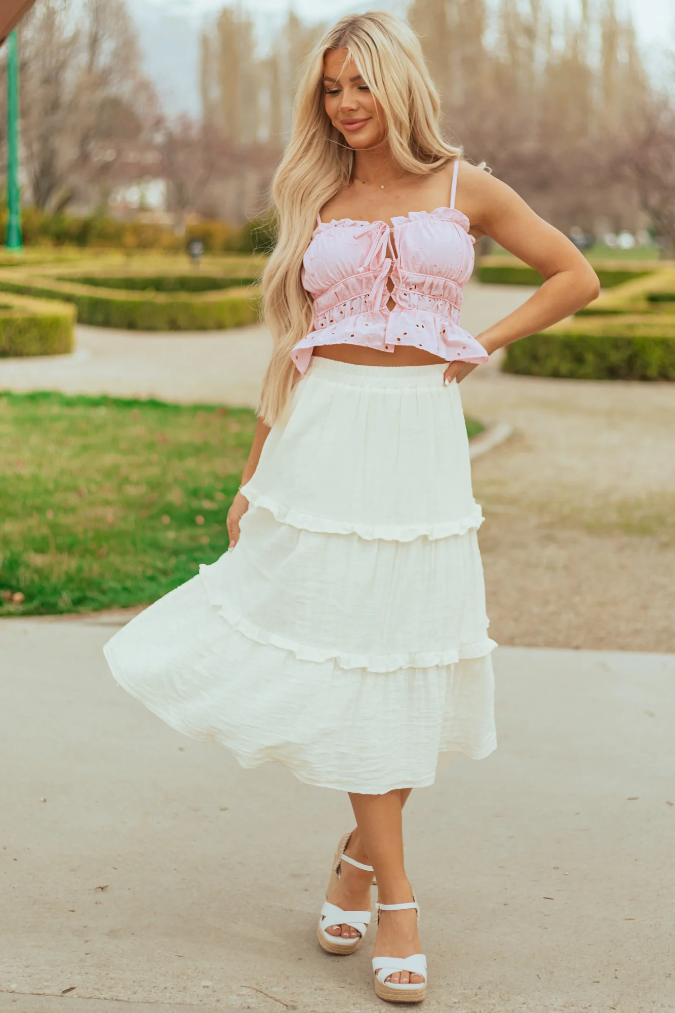 Ivory Cotton Smocked Midi Skirt