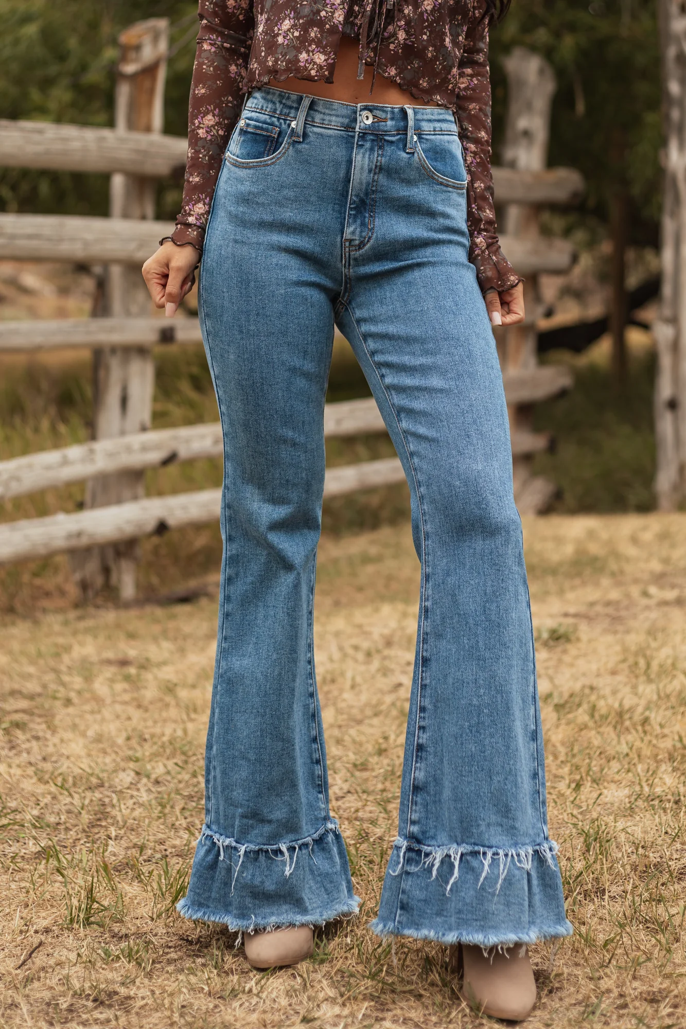 Flattering High Rise Ruffle Flare Stretchy Womens Jeans