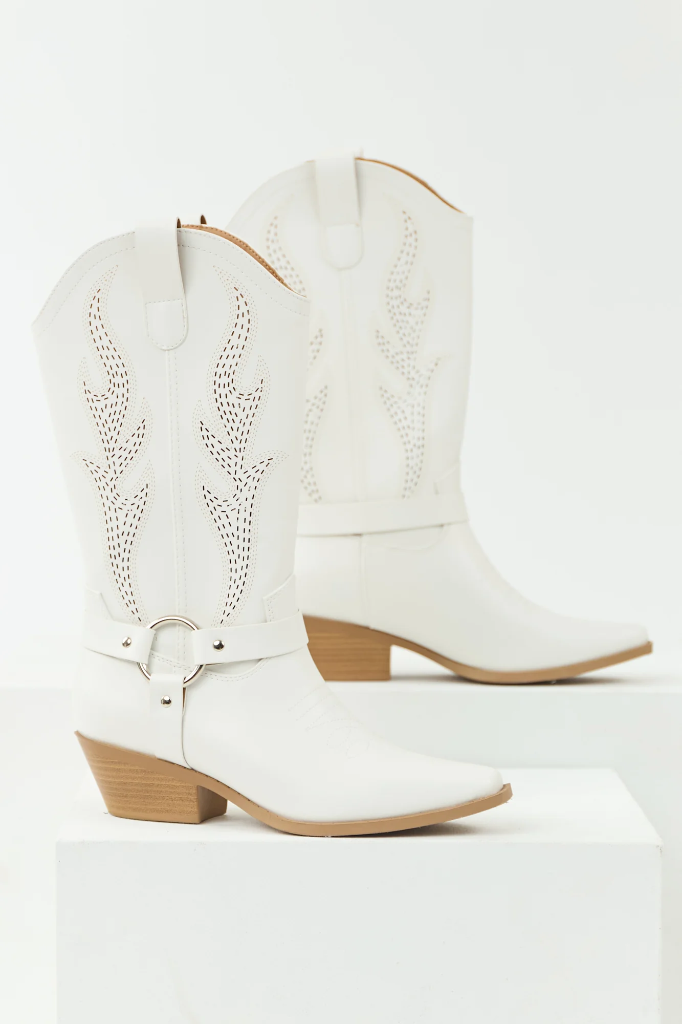 White Embroidered Block Heel Riding Boots