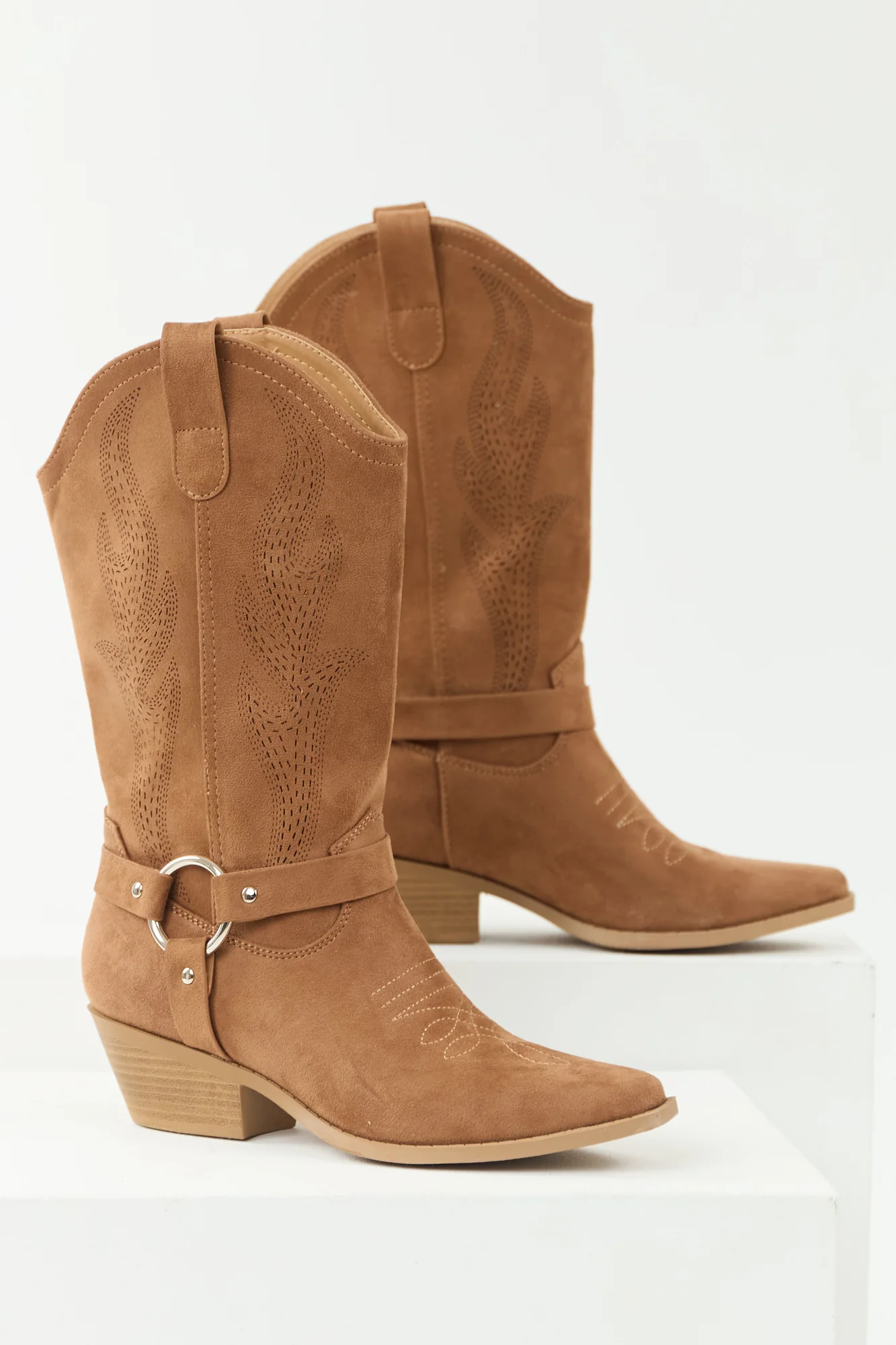 Brown Embroidered Ankle Riding Block Heel Boots