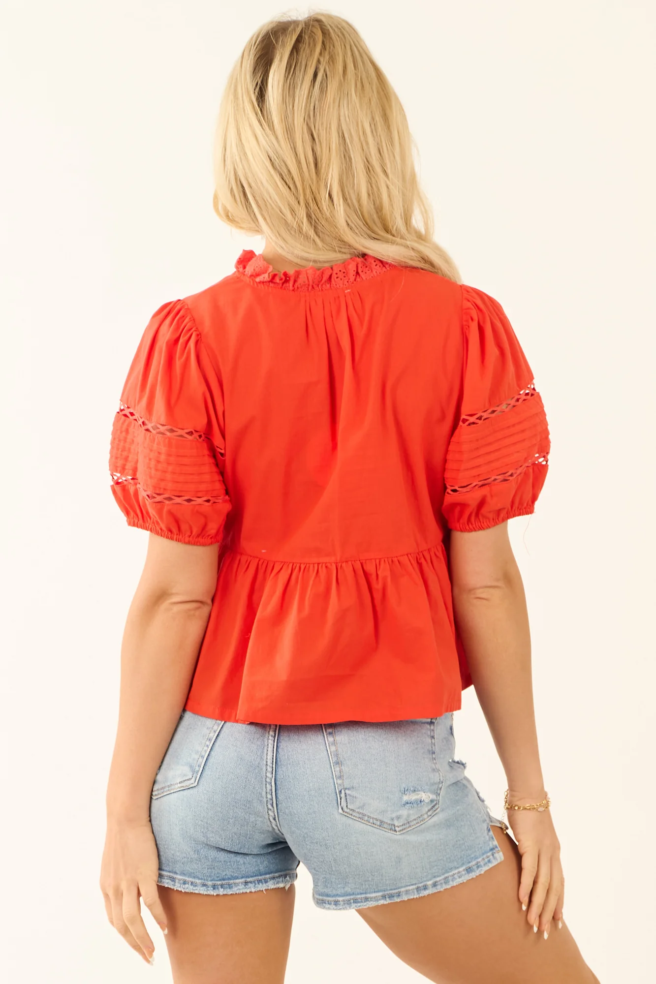 Red Lace Peplum Blouse with Frill Neckline