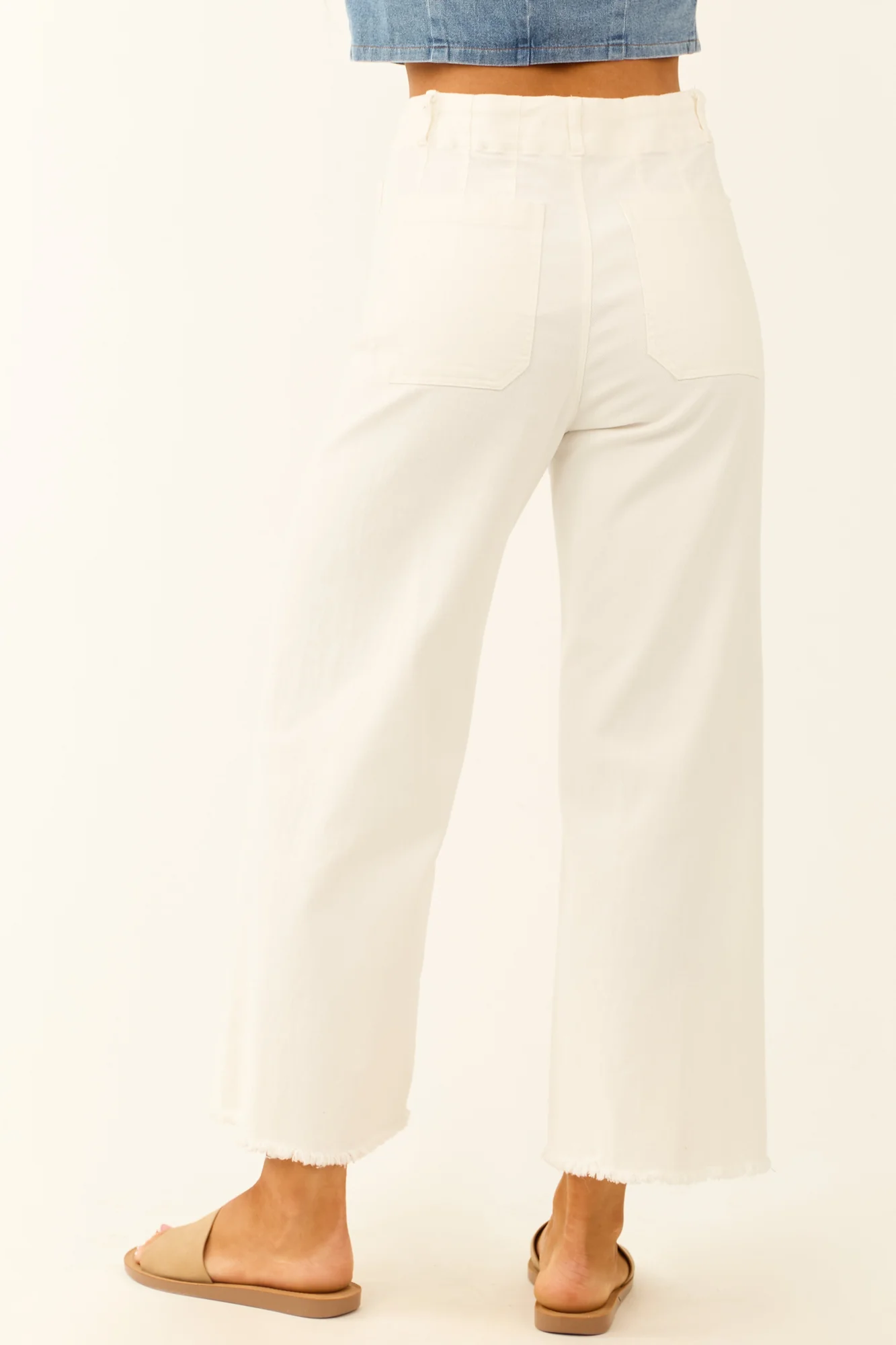 White Stretchy Cropped Denim Jeans High Rise Raw Hem