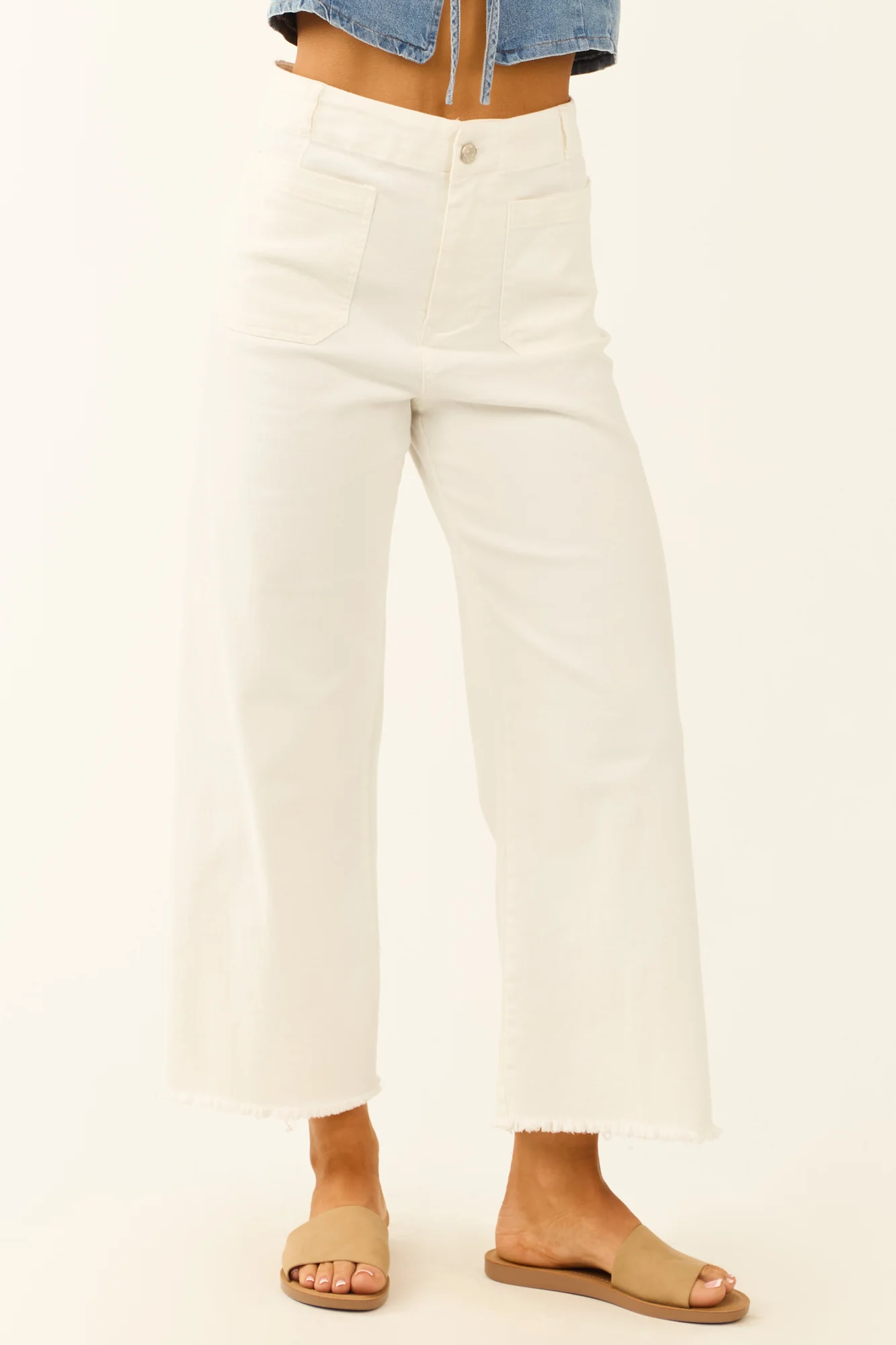 White Stretchy Cropped Denim Jeans High Rise Raw Hem