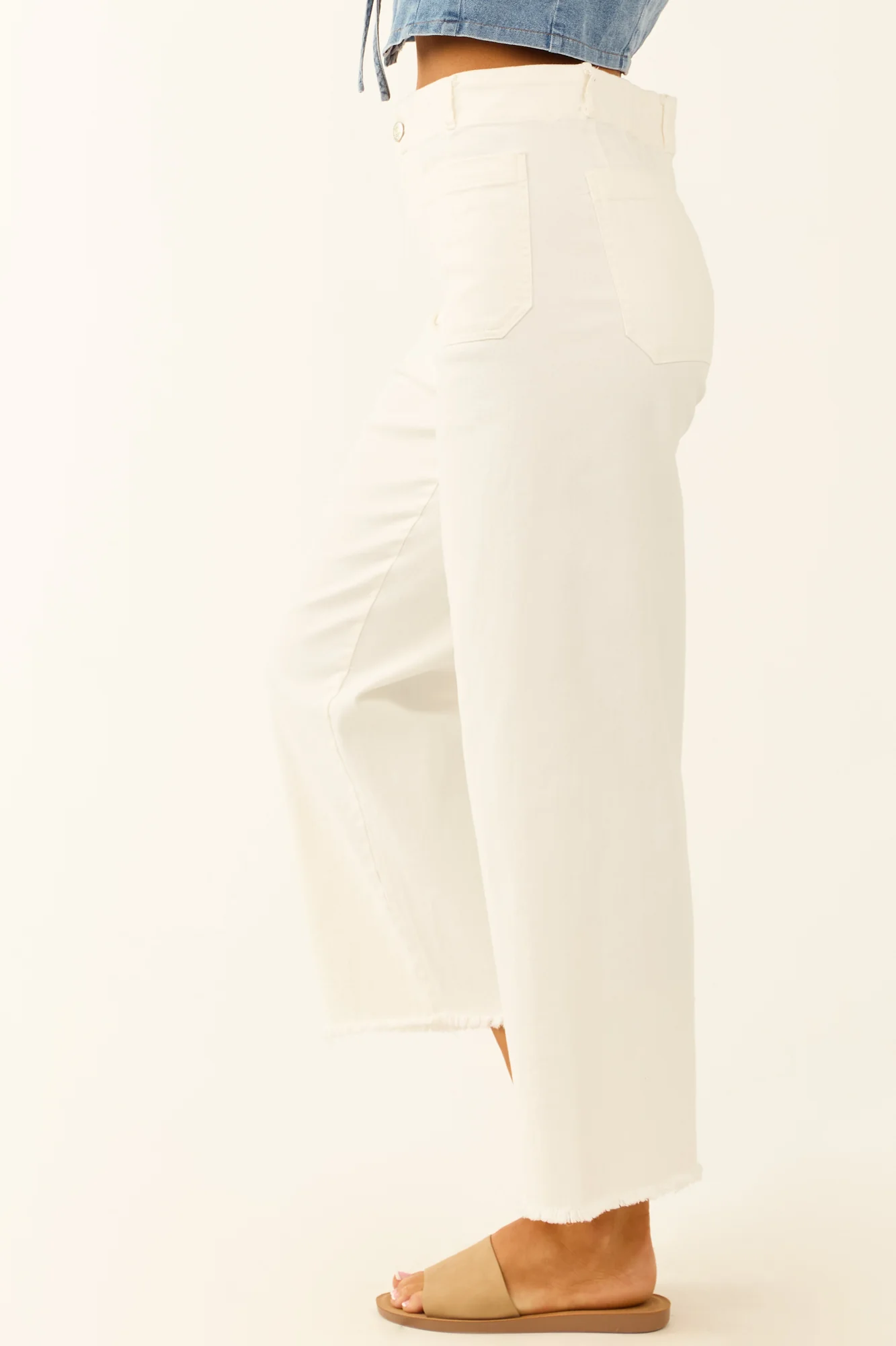 White Stretchy Cropped Denim Jeans High Rise Raw Hem