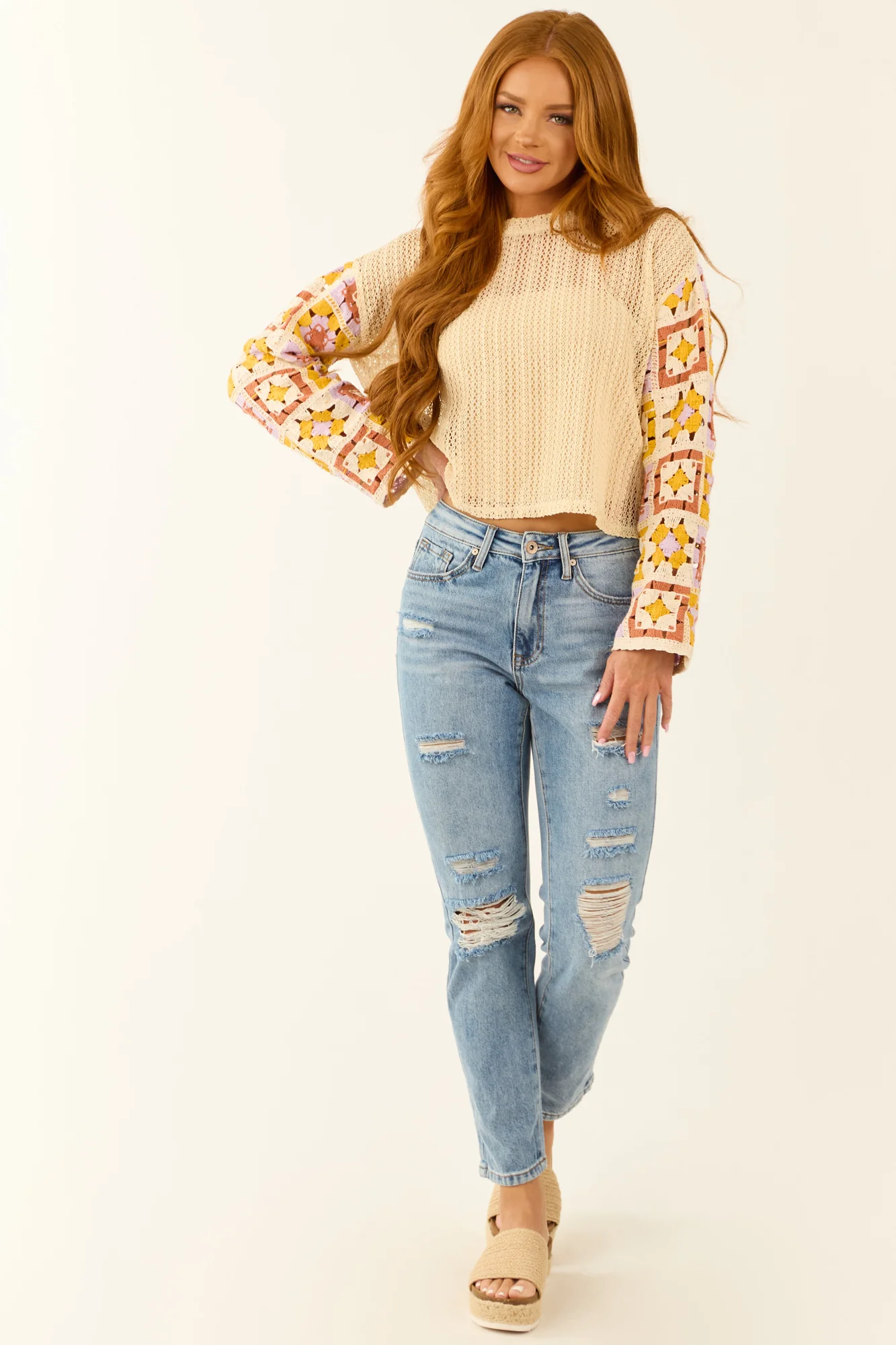 Buttercream Crochet Long Sleeve Knit Top