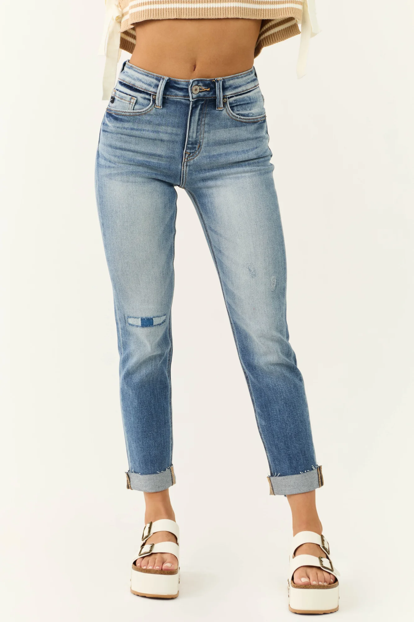 Medium Wash Slim Straight Jeans with Cuff Detail