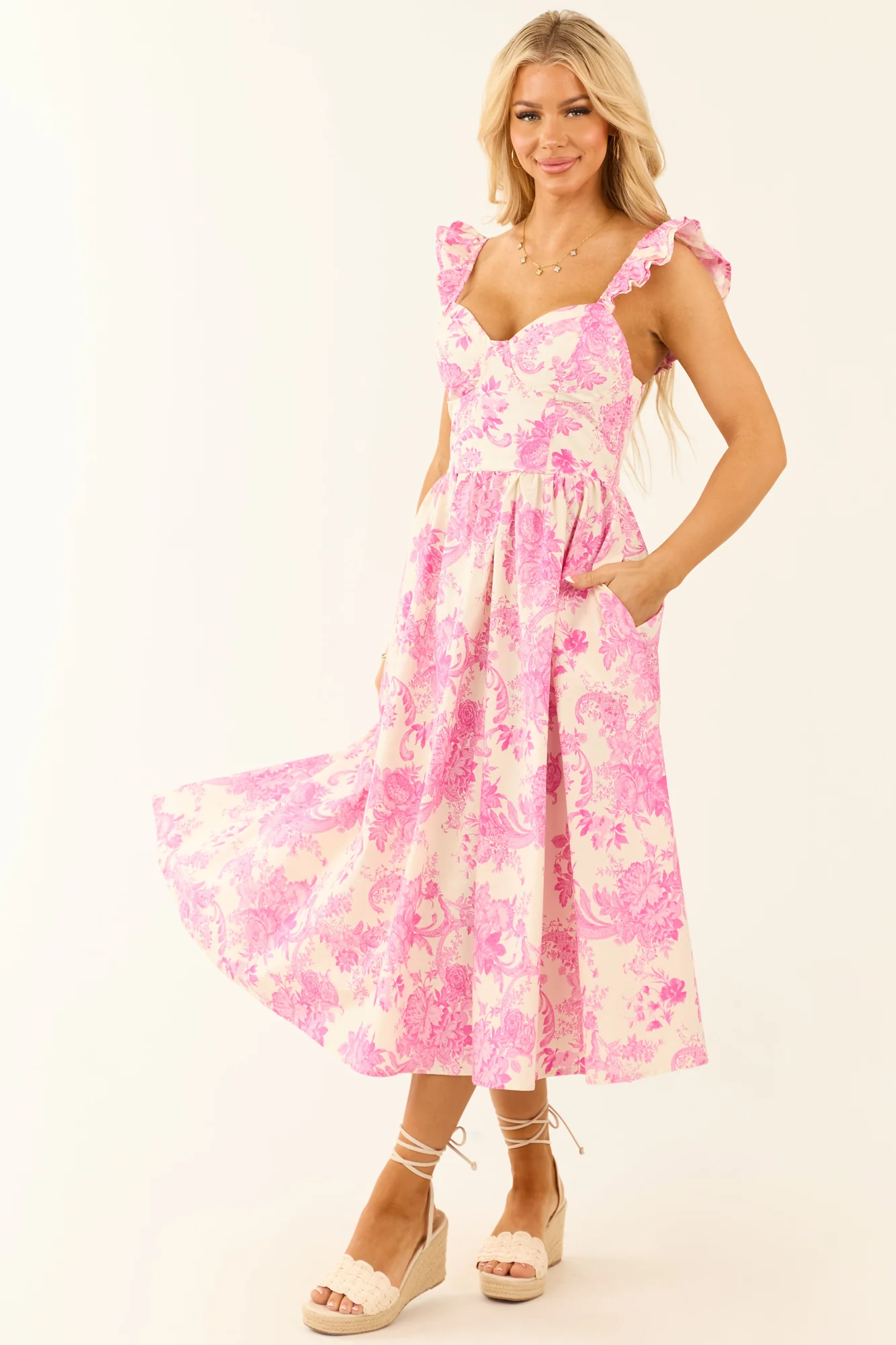 Fuchsia Floral Ruffle Strap Cotton Midi Dress