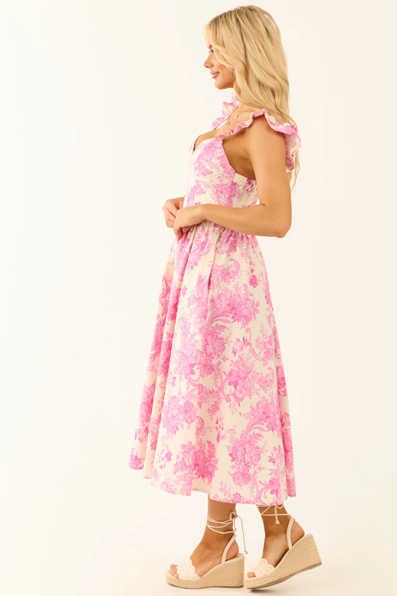 Fuchsia Floral Ruffle Strap Cotton Midi Dress