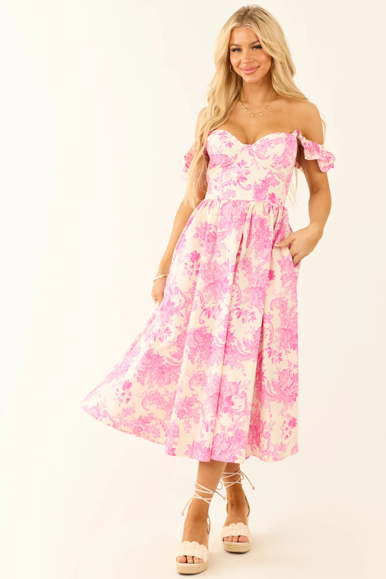 Fuchsia Floral Ruffle Strap Cotton Midi Dress
