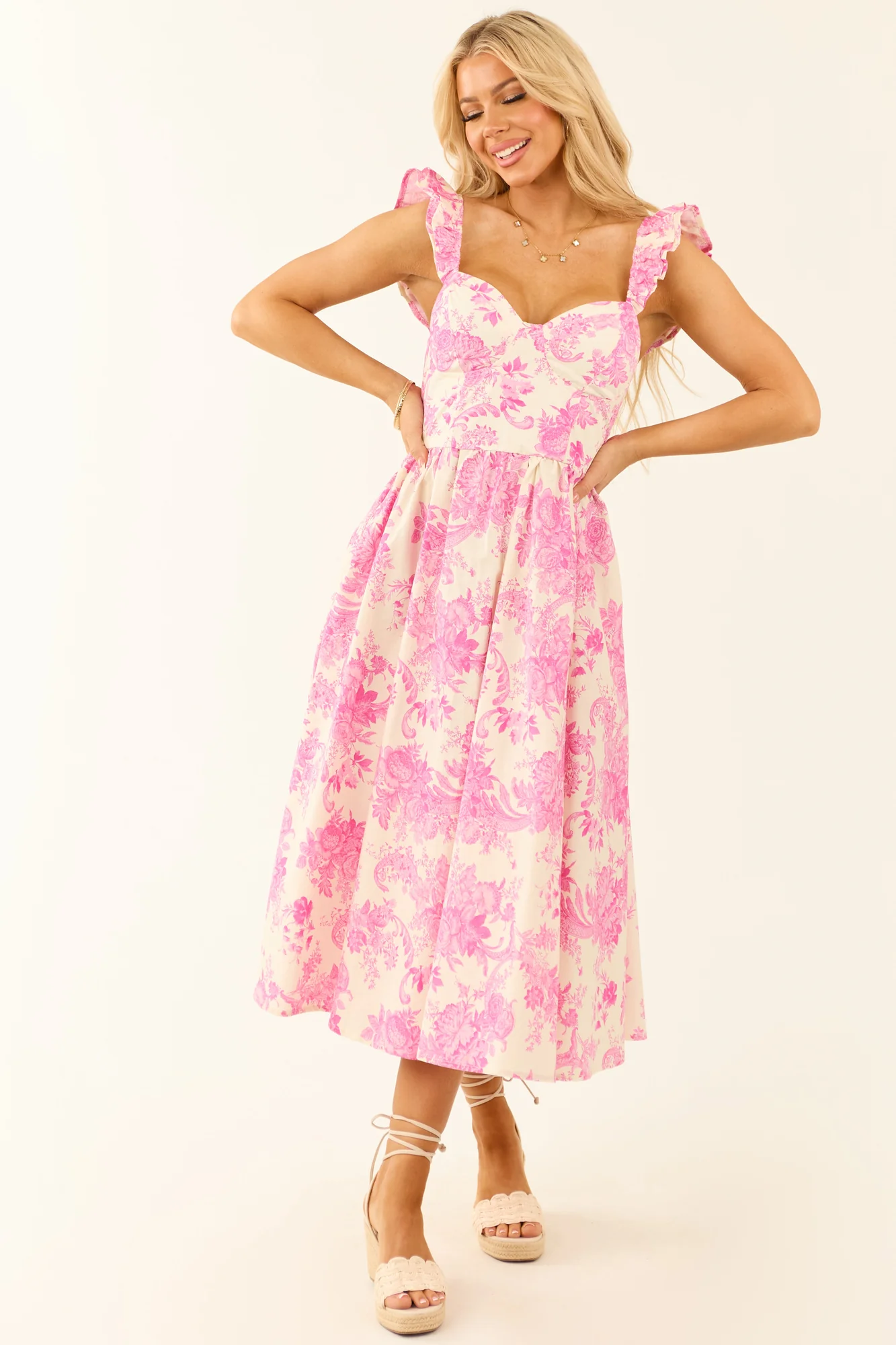 Fuchsia Floral Ruffle Strap Cotton Midi Dress