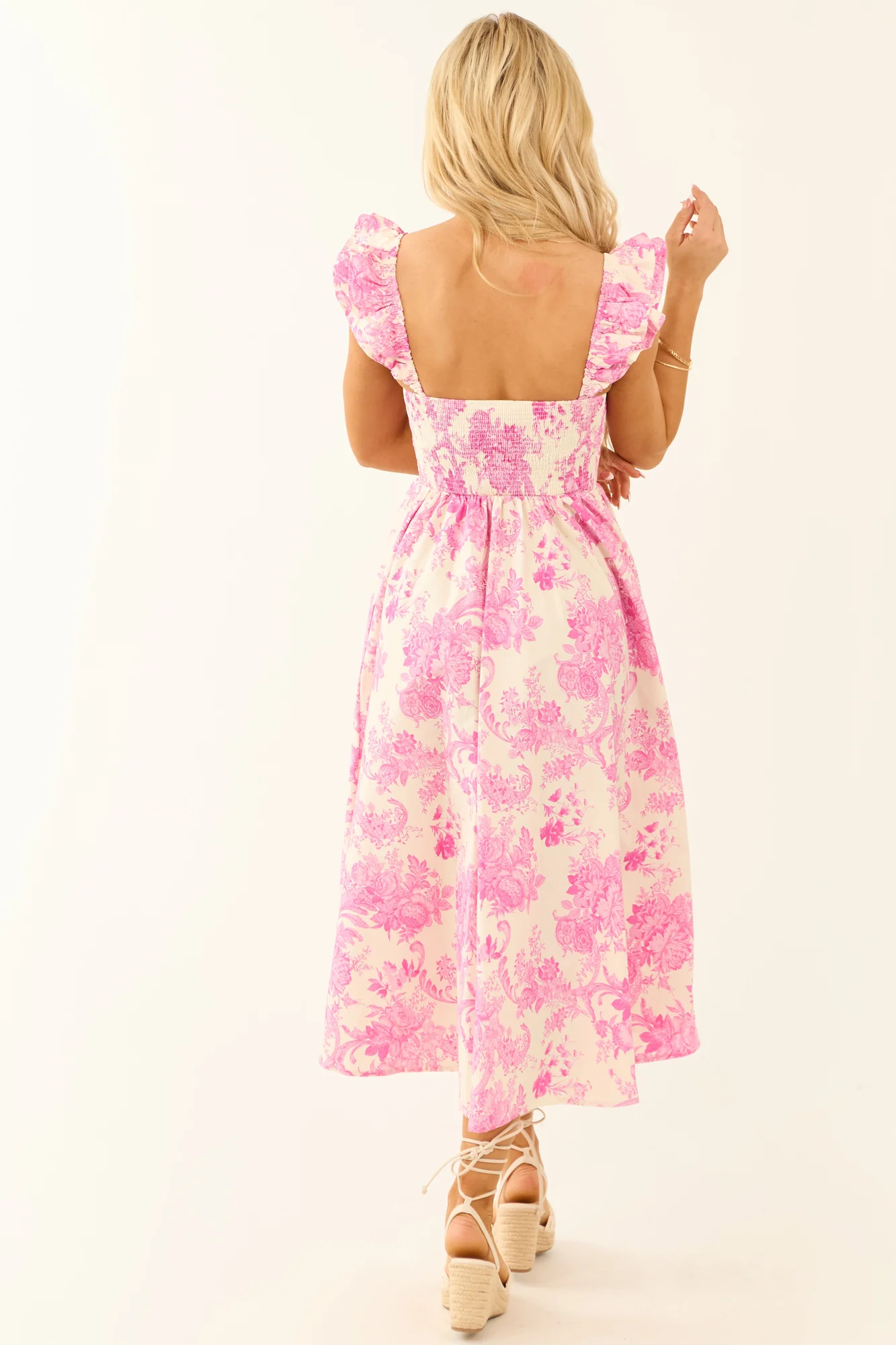 Fuchsia Floral Ruffle Strap Cotton Midi Dress