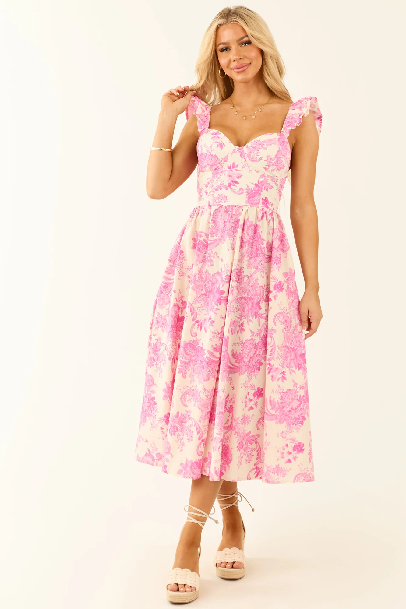 Fuchsia Floral Ruffle Strap Cotton Midi Dress