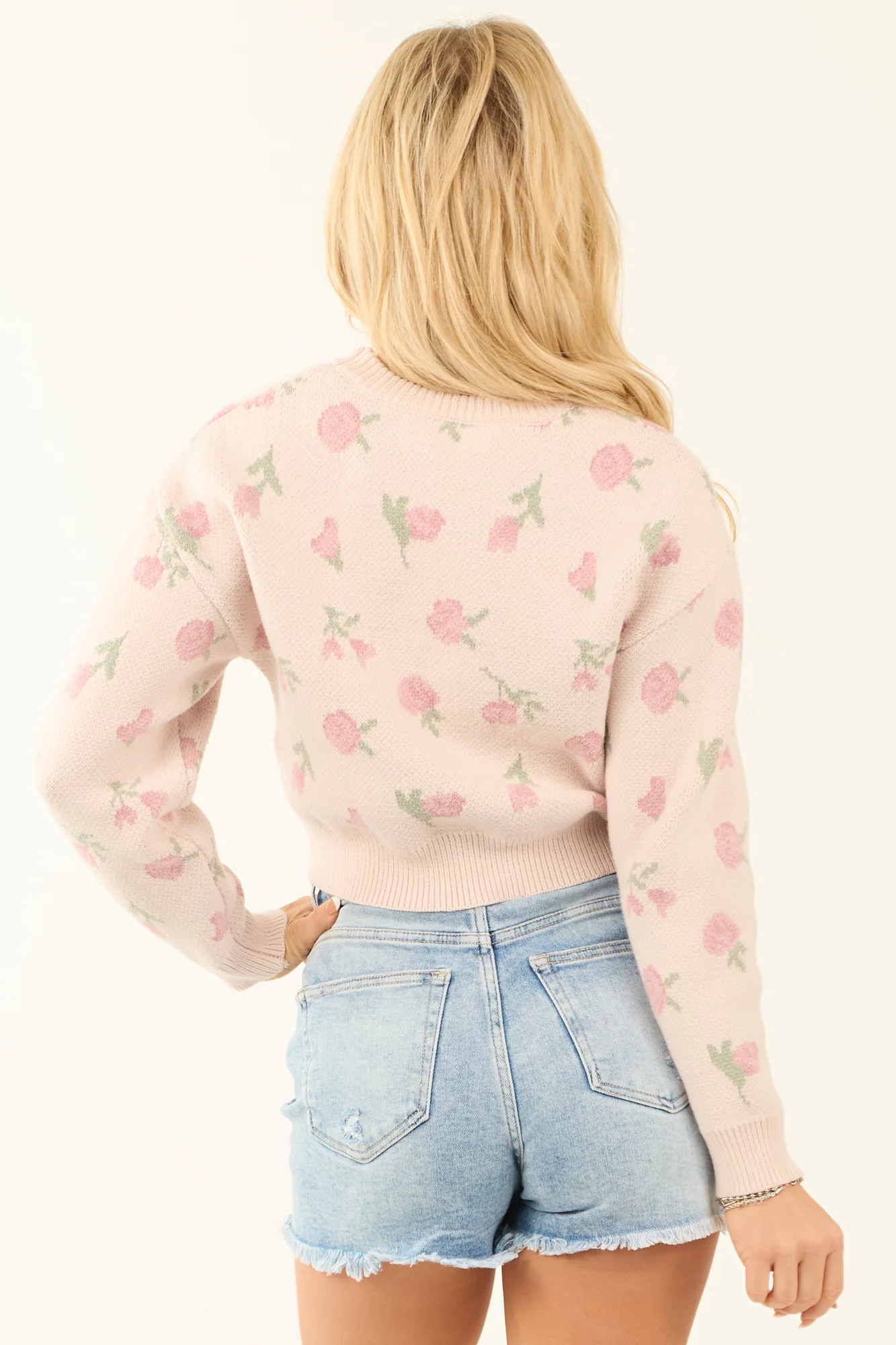 Dusty Blush Floral Knit Cropped Sweater