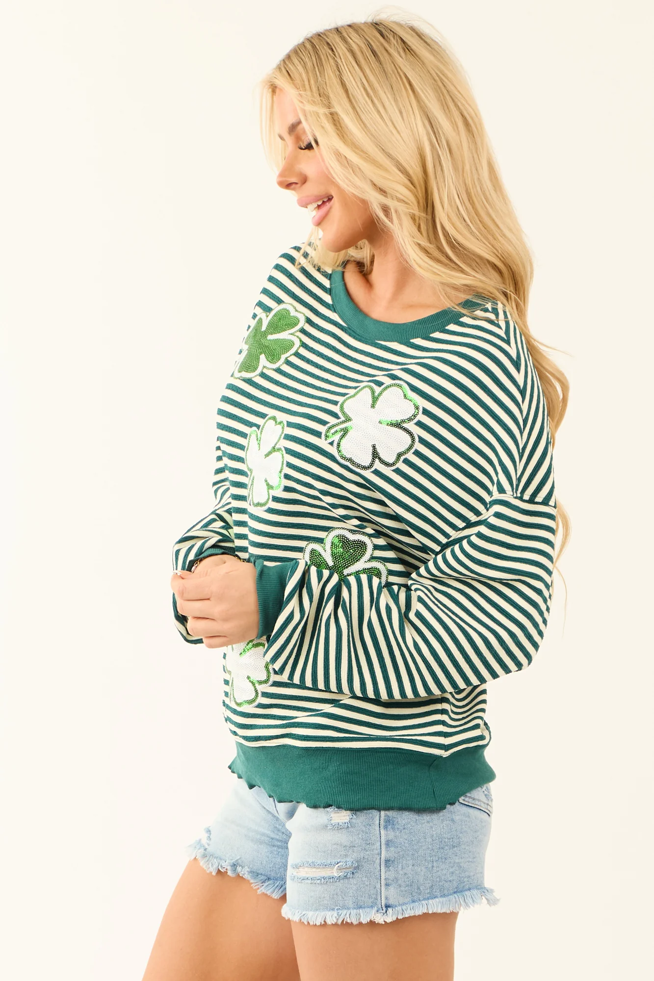 Sequin Sweater with St Patricks Clover Detail in Pine Stripes