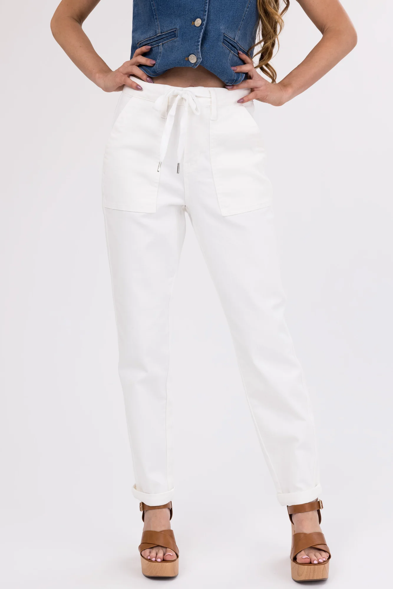 Drawstring High Waist Ivory Denim Jeans