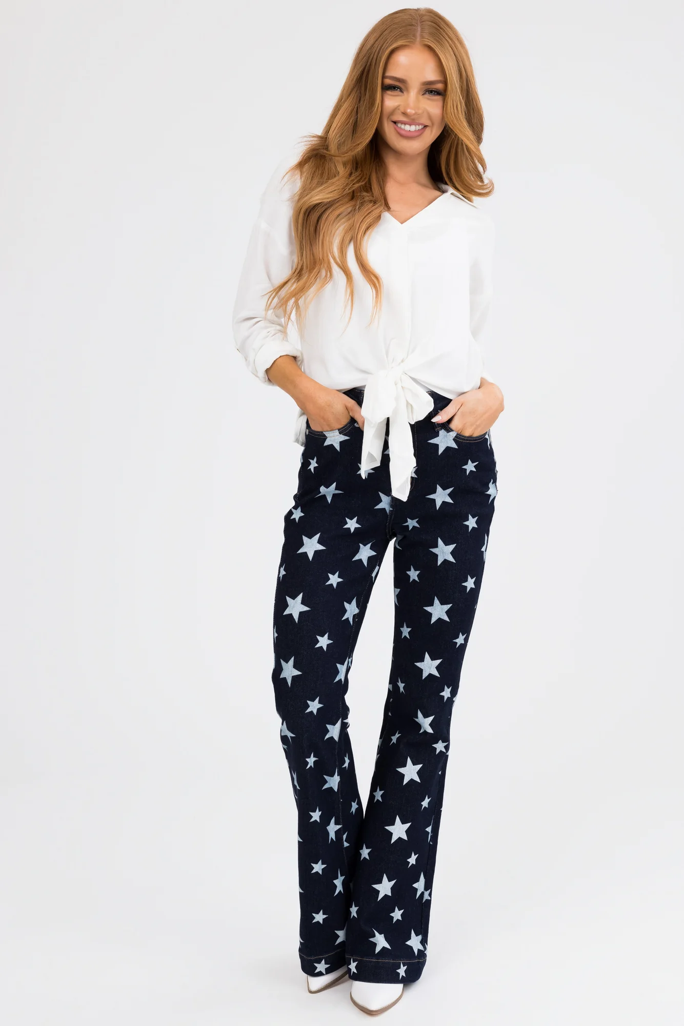 Dark Wash Star Print Flare Leg Jeans