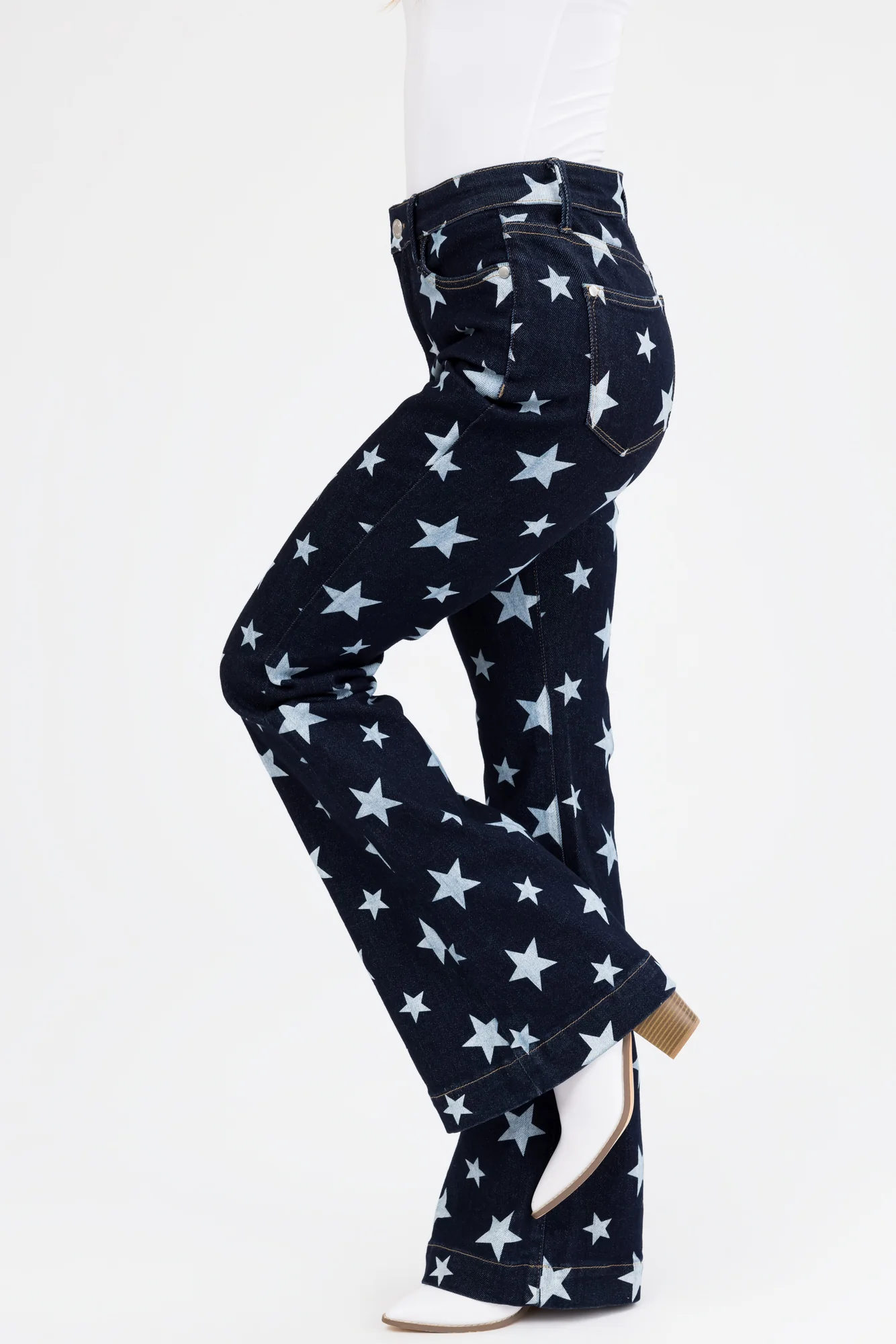 Dark Wash Star Print Flare Leg Jeans