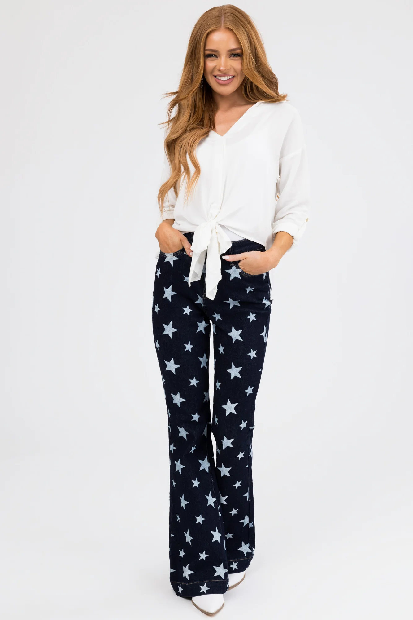 Dark Wash Star Print Flare Leg Jeans