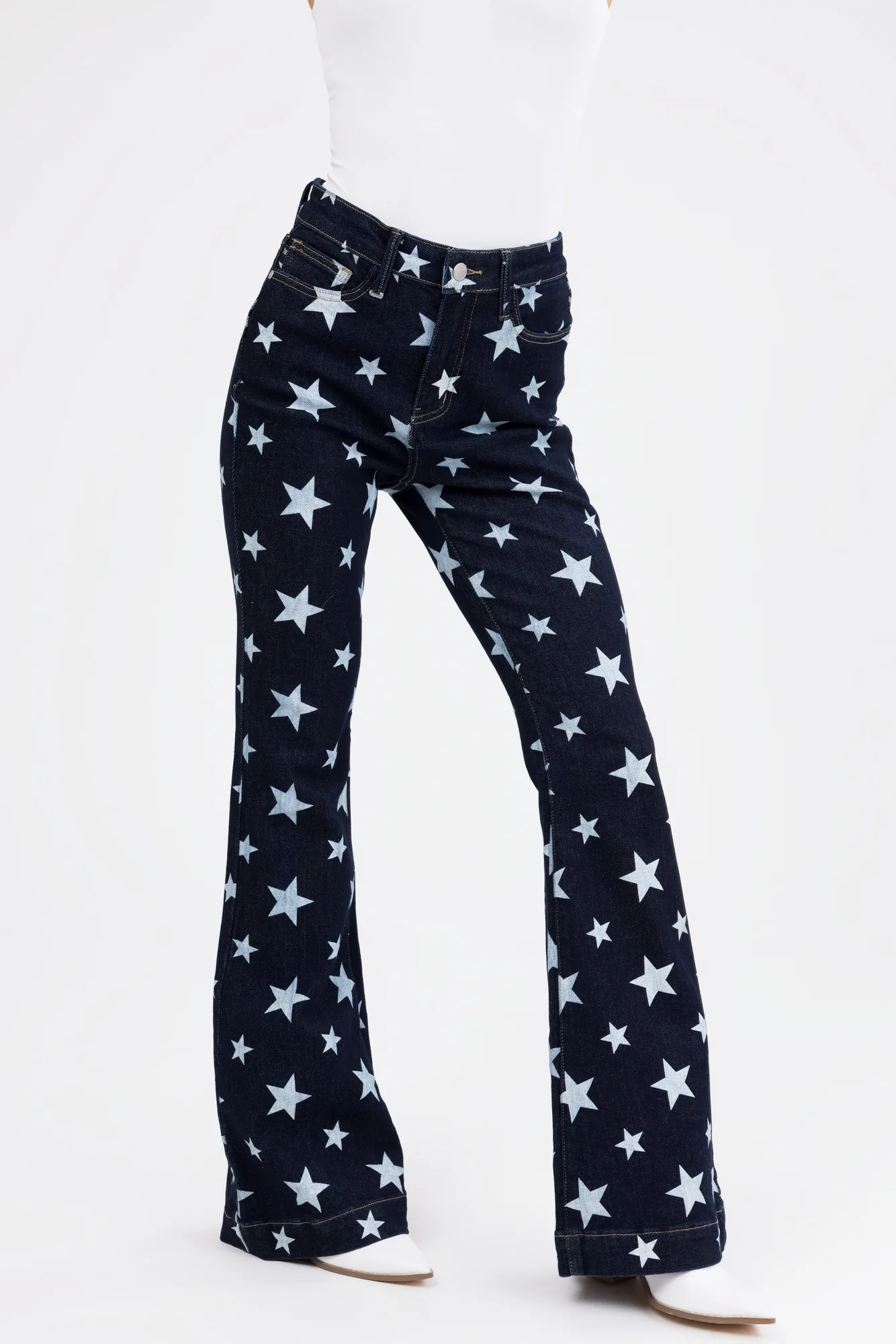 Dark Wash Star Print Flare Leg Jeans
