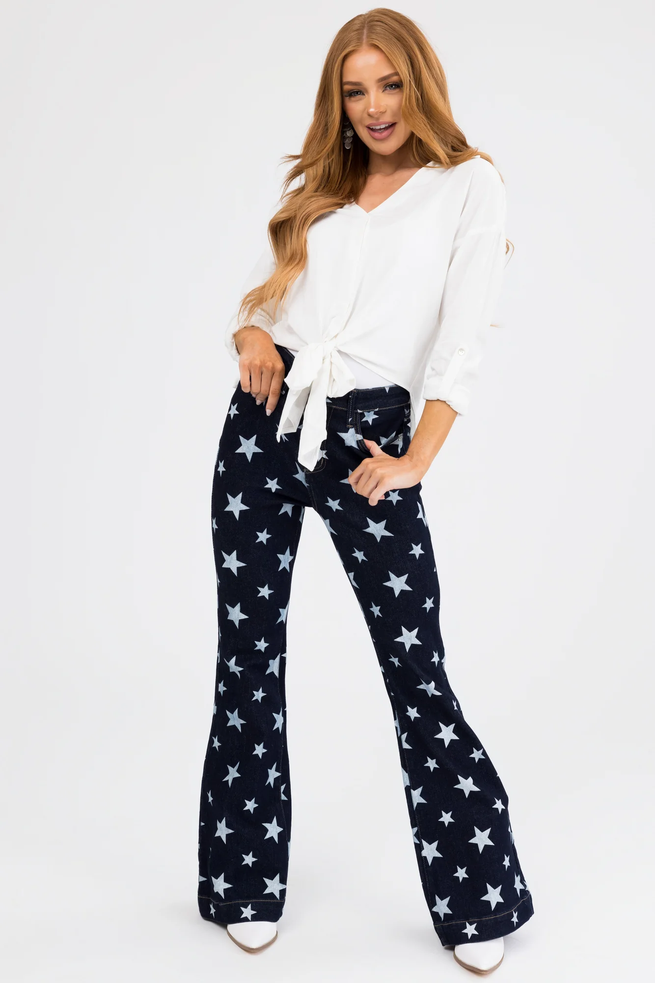 Dark Wash Star Print Flare Leg Jeans