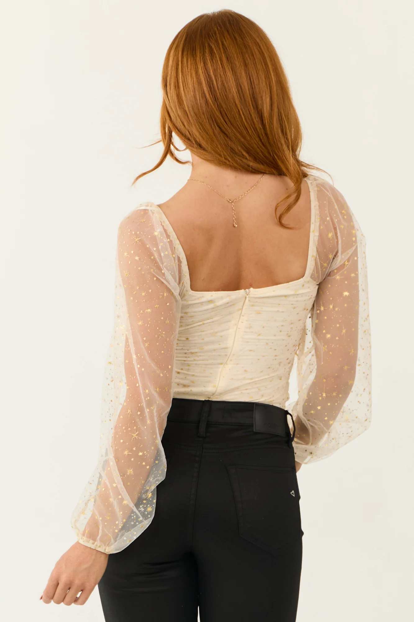 White Mesh Star Pattern Bodysuit - Square Neckline