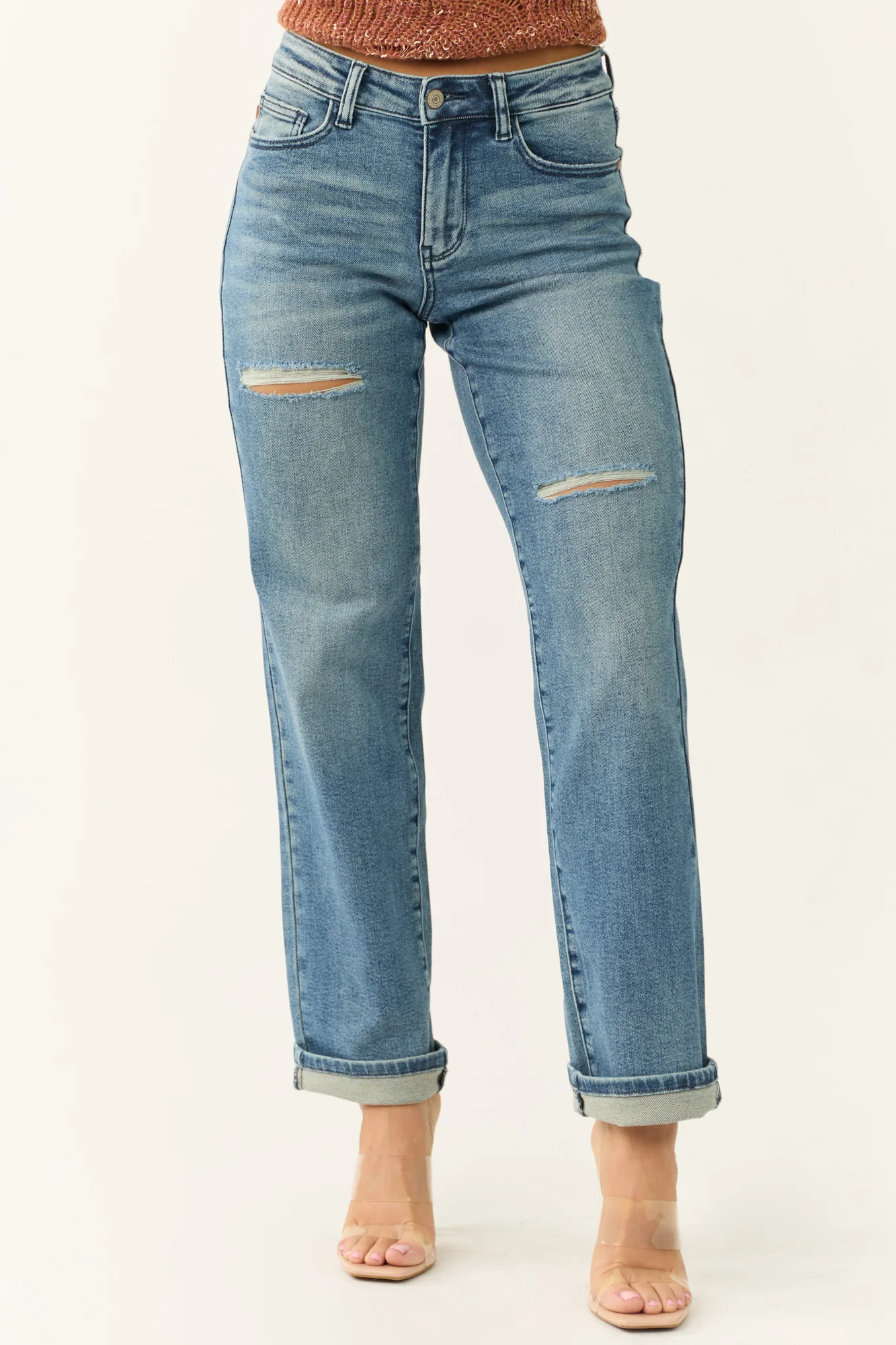 Medium Wash Distressed Dad Jeans in High Rise Fit