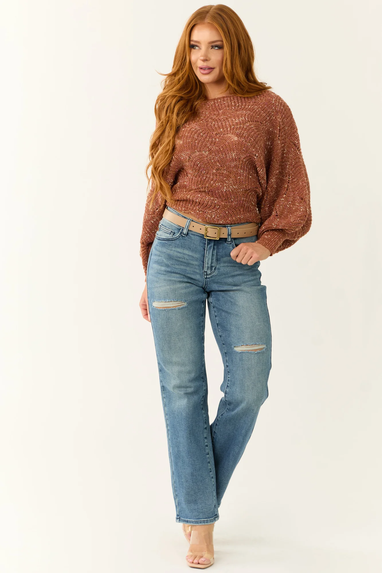 Medium Wash Distressed Dad Jeans in High Rise Fit