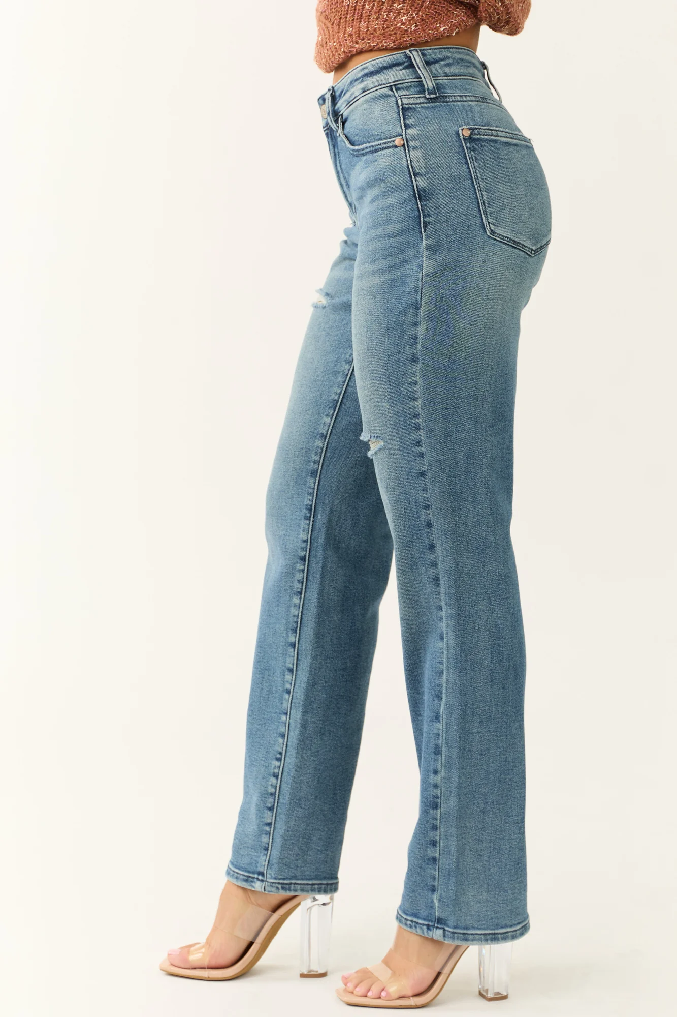 Medium Wash Distressed Dad Jeans in High Rise Fit
