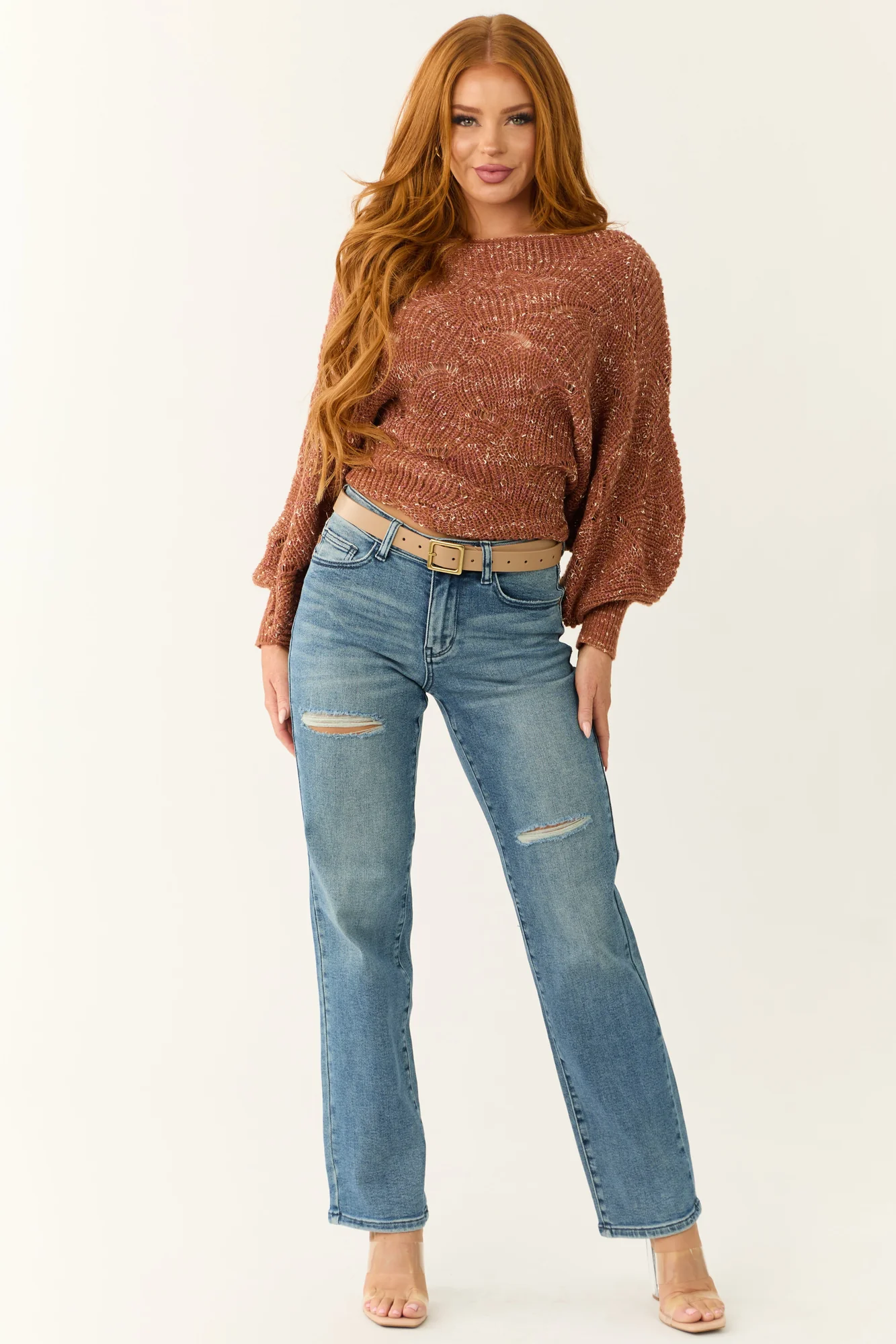 Medium Wash Distressed Dad Jeans in High Rise Fit